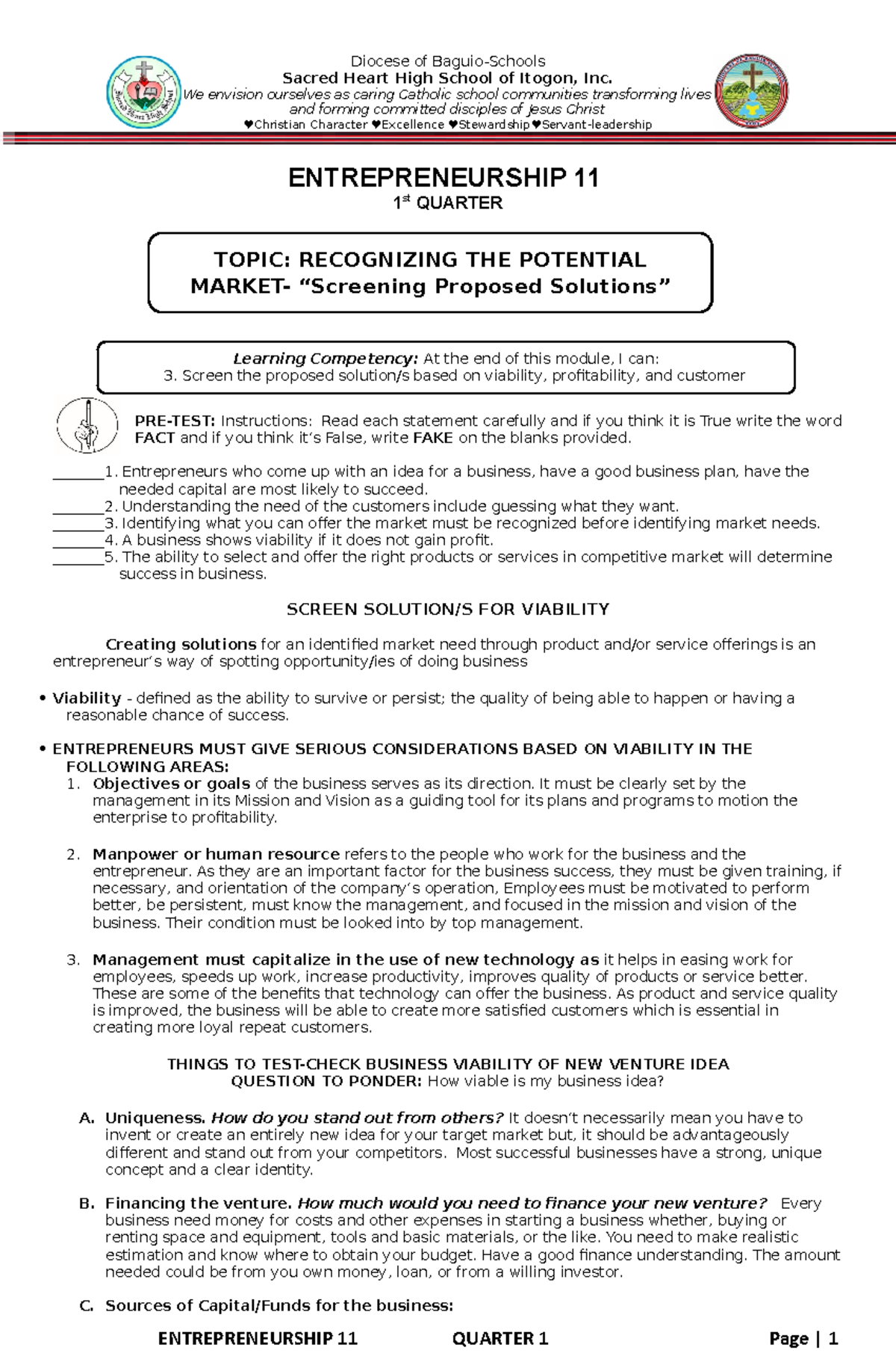 business plan entrep senior high school department