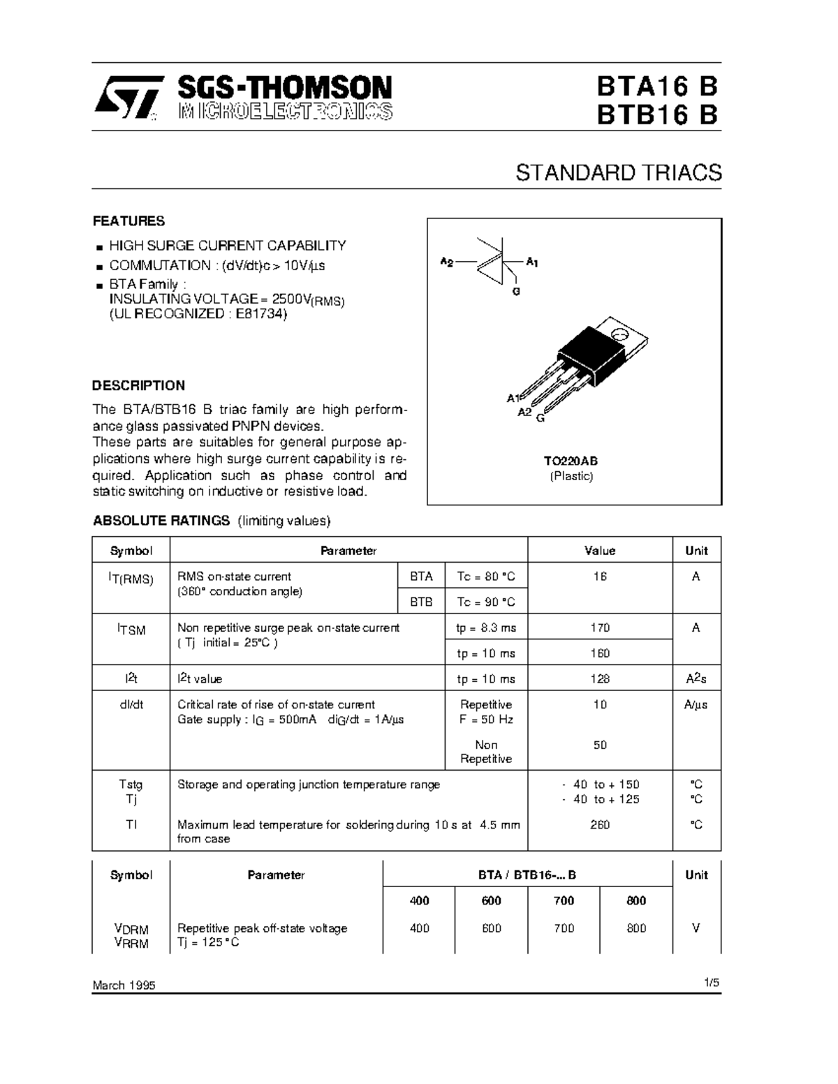 BTA16B - Para adolecentes - BTA16 B BTB16 B March 1995 STANDARD TRIACS ...