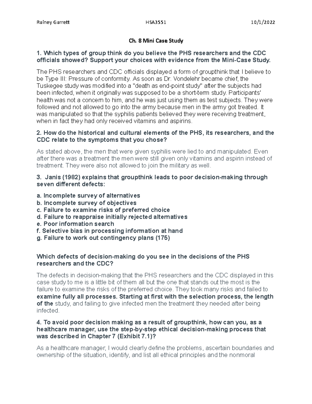 Mini Case Study 8 - Rainey Garret HSA3551 10/1/ Ch. 8 Mini Case Study ...