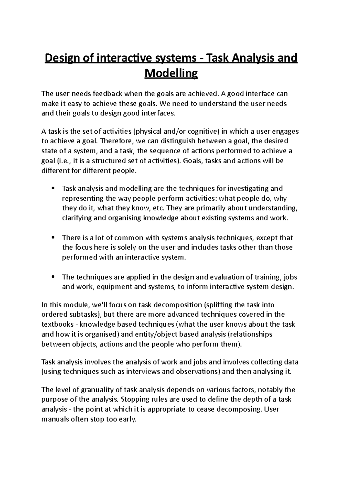 Design of interactive systems Task Analysis and Modelling - Studocu