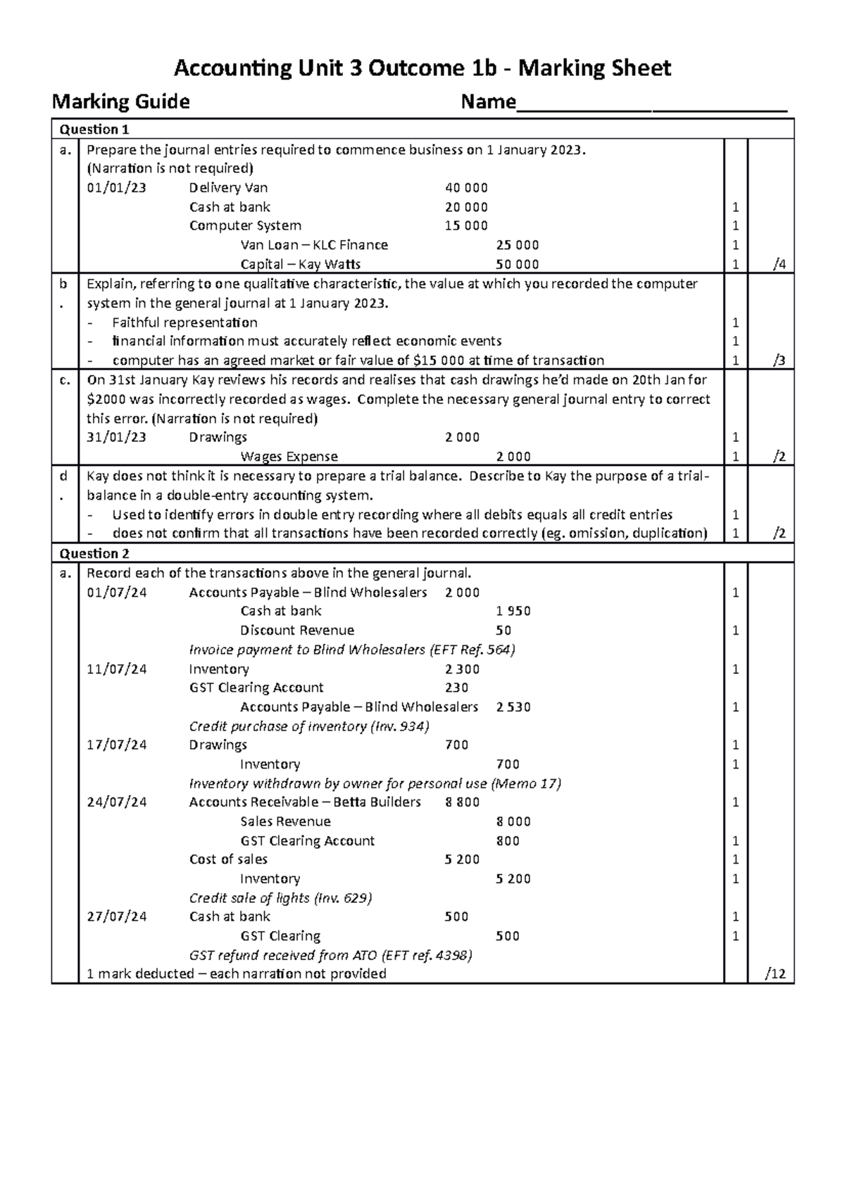 2020 U3O1b REV1 (2019 SAC) - Marking Sheet-2 - Accounting Unit 3 ...