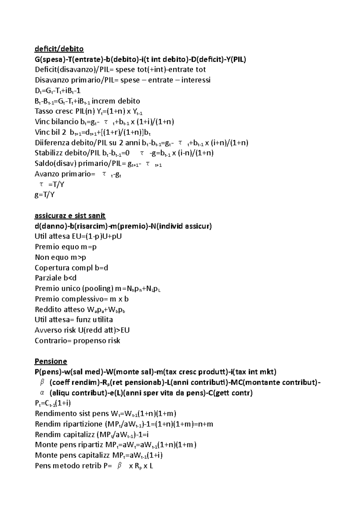 Formule - formulario SDF - deficit/debito G(spesa)-T(entrate)-b(debito ...