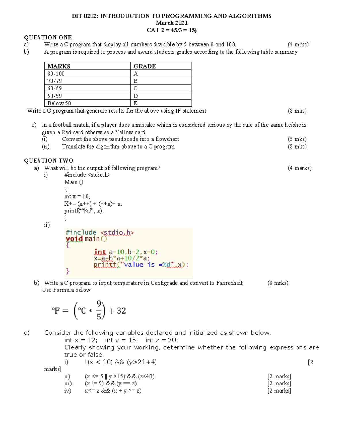 DIT 0202 CAT 2 Intro to programming March 2021 - DIT 0202: INTRODUCTION ...