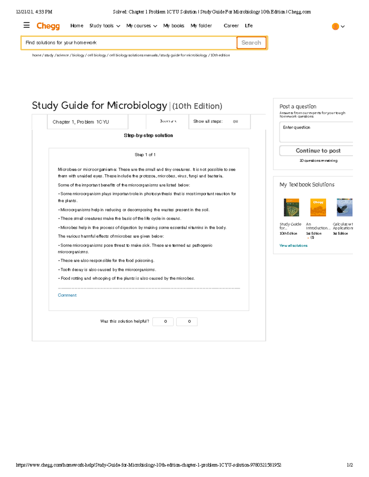 Solved Chapter 1 Problem 1CYU Solution Study Guide For Microbiology ...