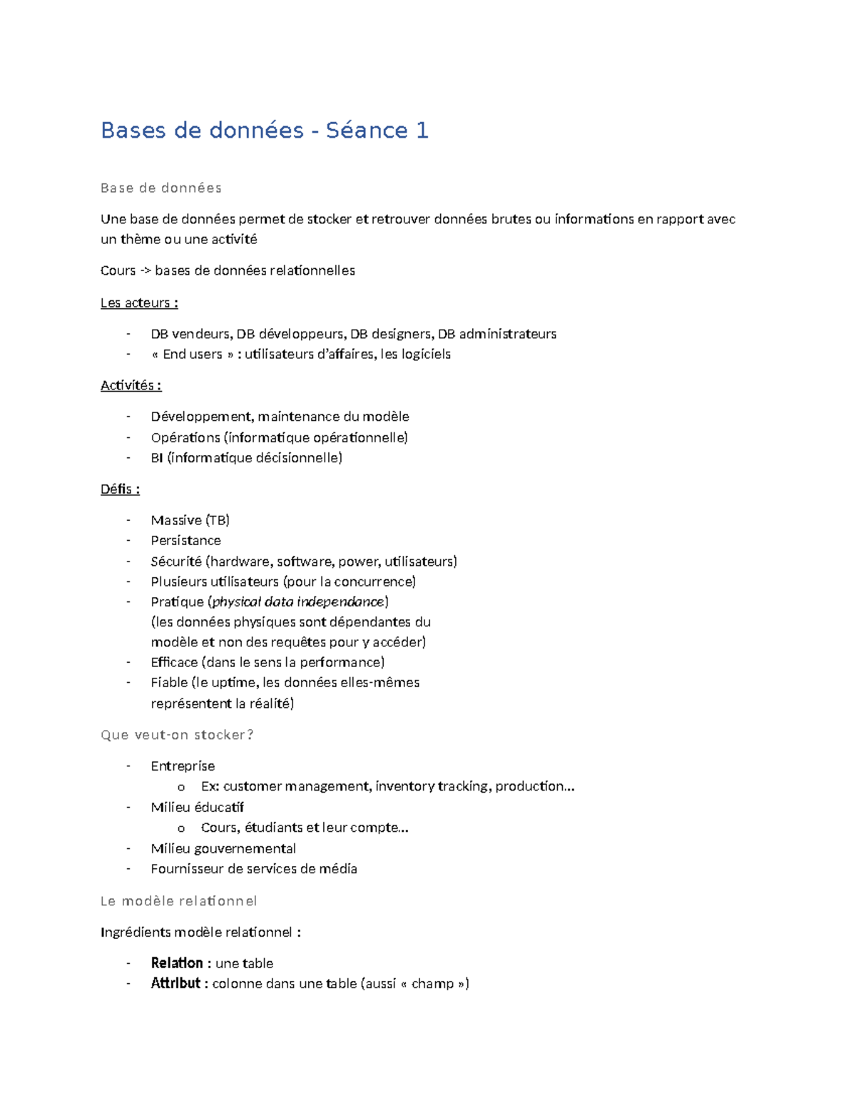 Séance 1 - Notes cours 1 - Bases de données - Séance 1 Base de données ...