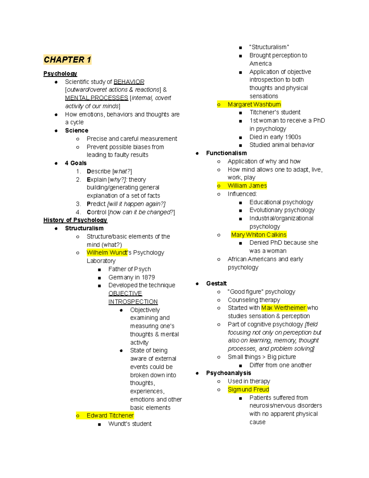 PSY 101 Notes - CHAPTER 1 Psychology Scientific study of BEHAVIOR ...