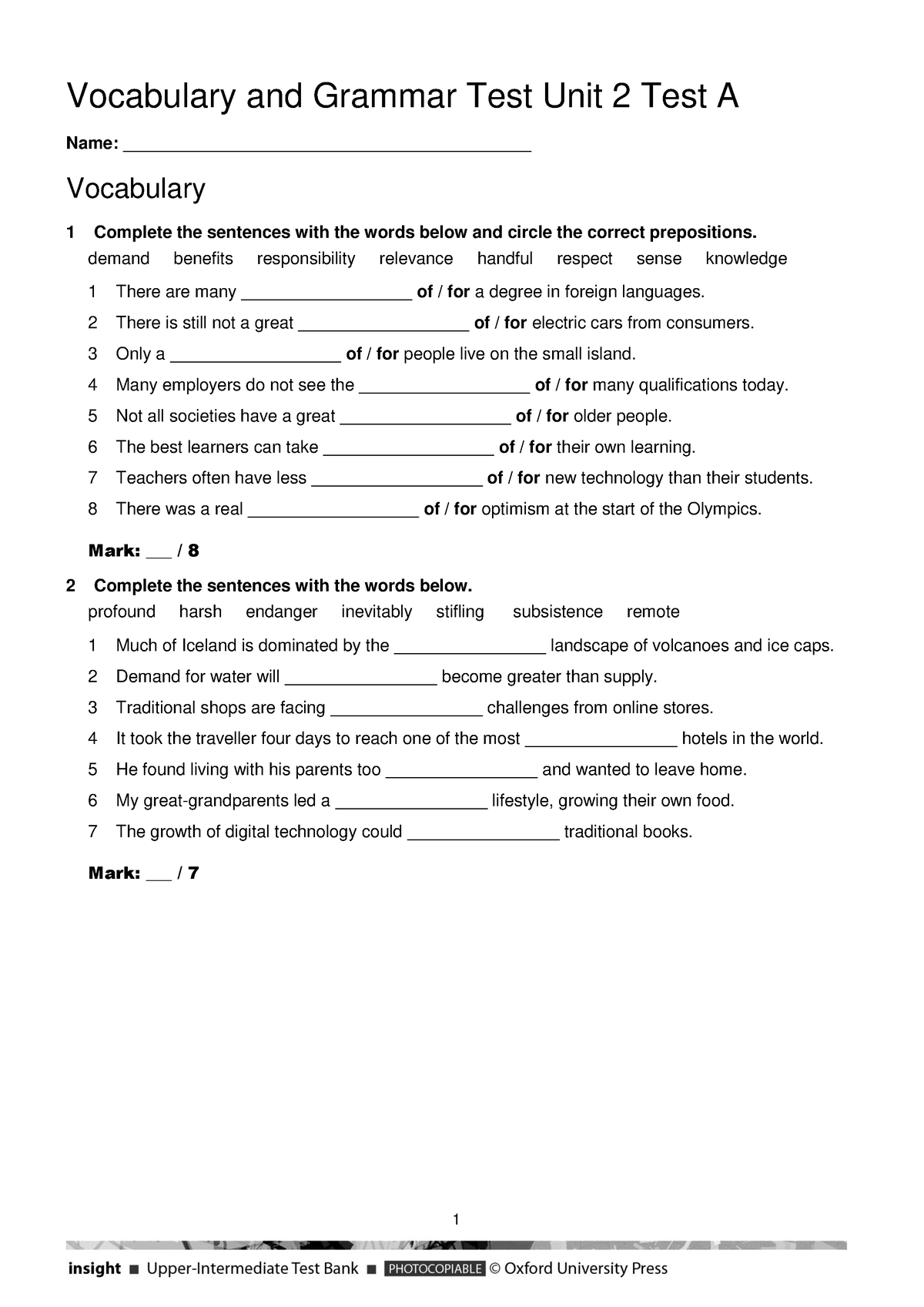 Vocabulary Grammar Test Un I T 2 Test A Pdf - Vocabulary And Grammar ...