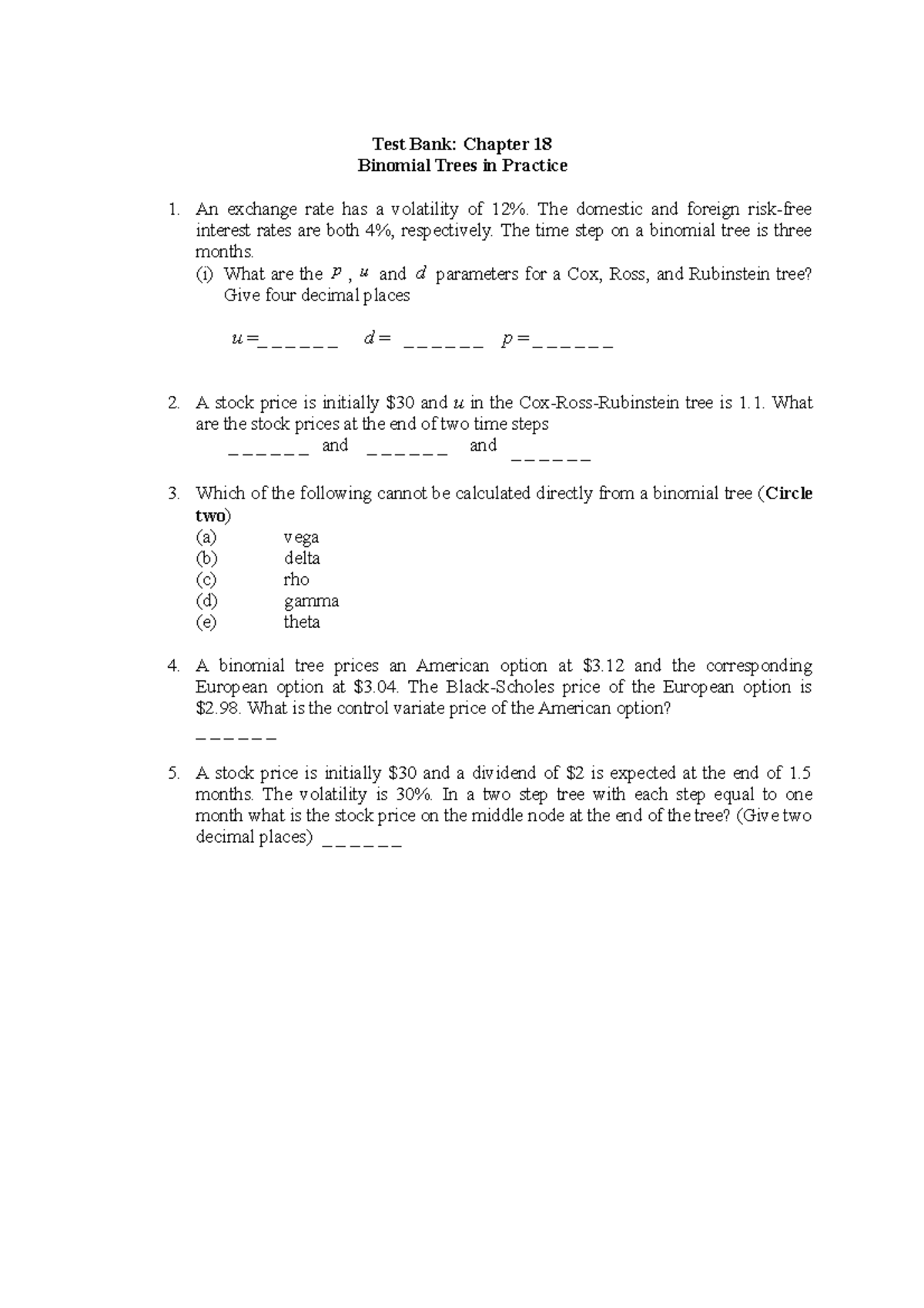 (Test Bank) Fundamentals Of Futures And Options Markets 7e By Hull Ch18 ...