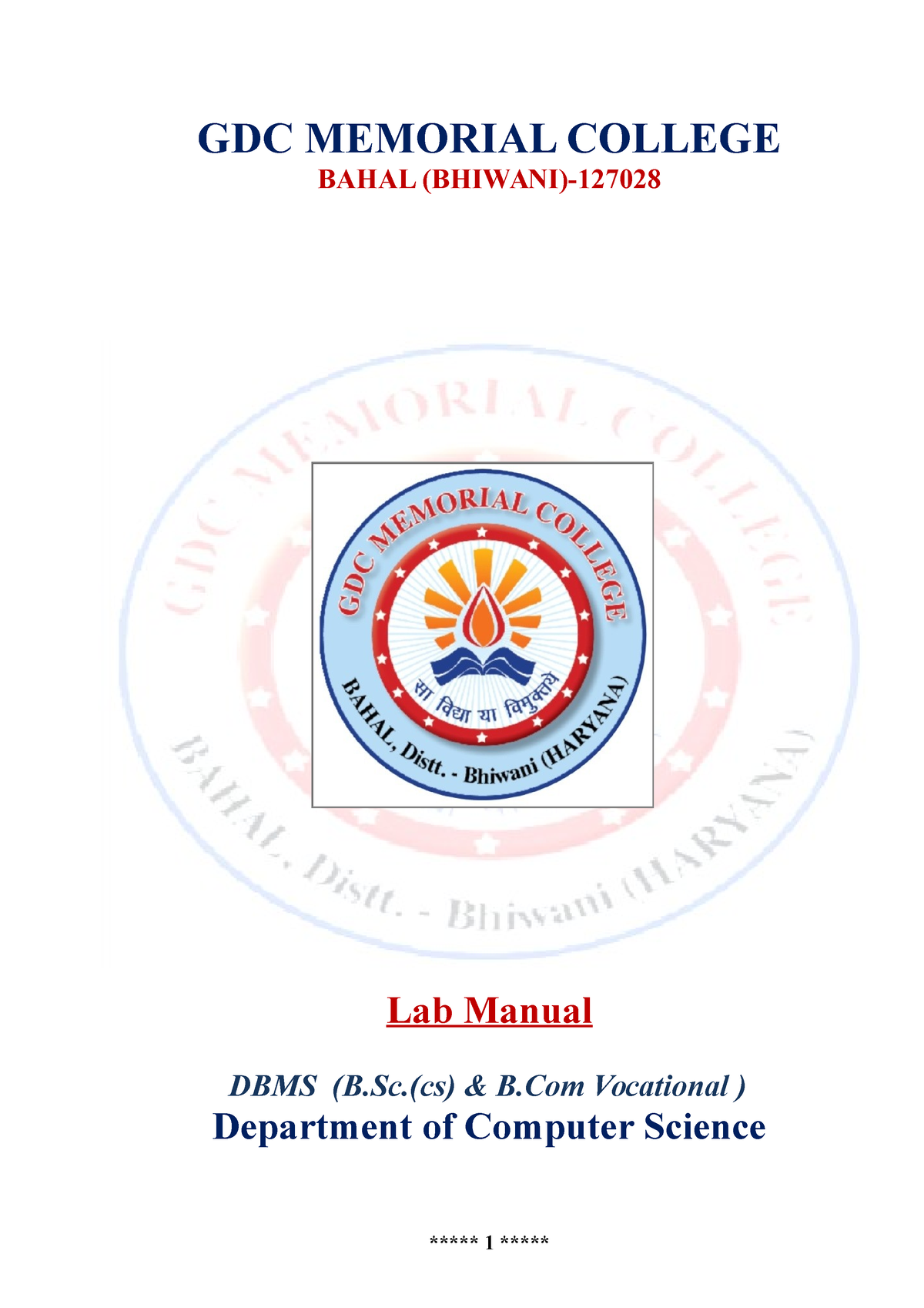 DBMS Lab Manual 2 - GDC MEMORIAL COLLEGE BAHAL (BHIWANI)- Lab Manual ...