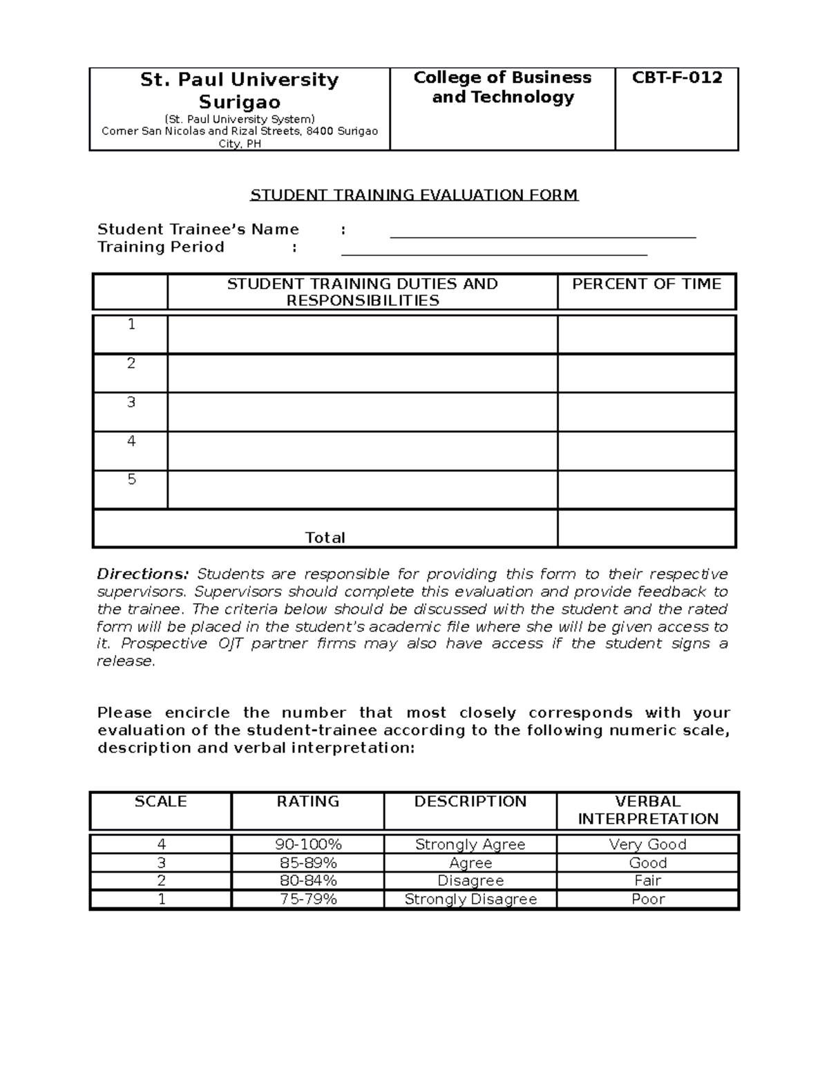 Student Learning Evaluation Form - St. Paul University Surigao (St ...