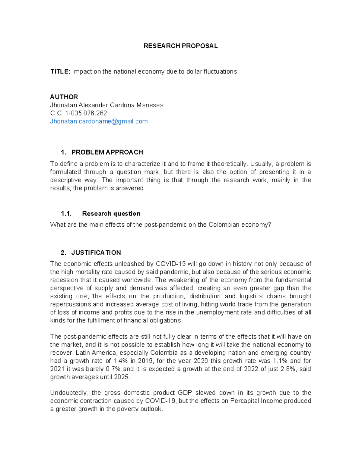 Research Proposal - RESEARCH PROPOSAL TITLE: Impact on the national ...