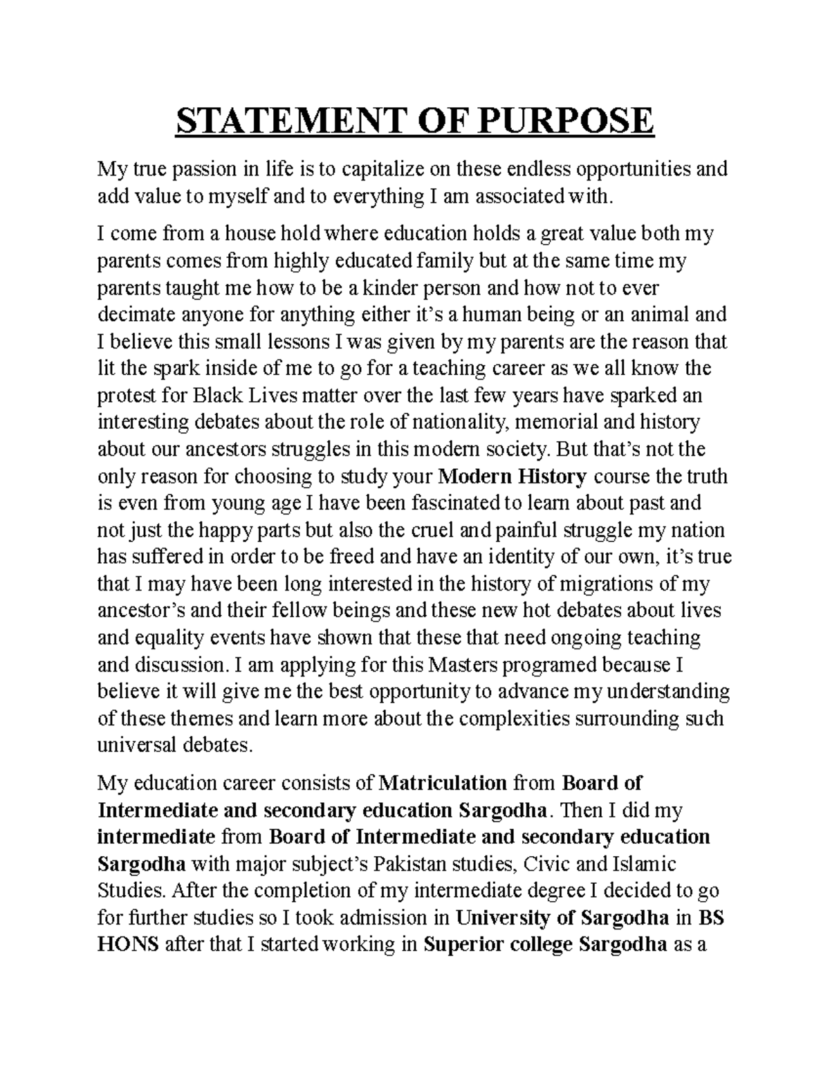 CCCU MA history - statement of purpose - STATEMENT OF PURPOSE My true ...