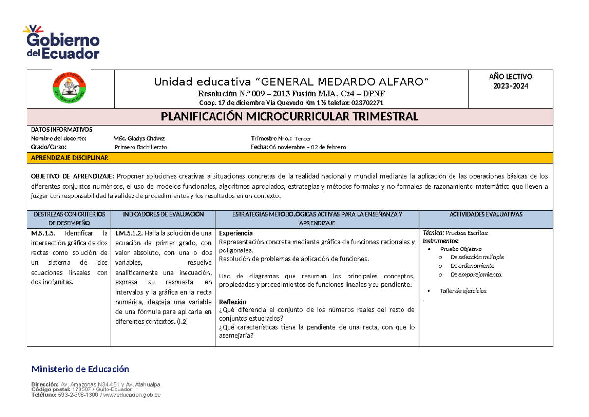 PC T3 Matematica 1ros - Ejemplo De Planificación Por Trimestres ...