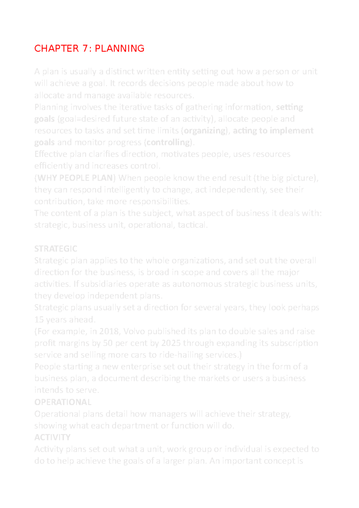 Management Chapter 7 books with lessons - CHAPTER 7: PLANNING A plan is ...