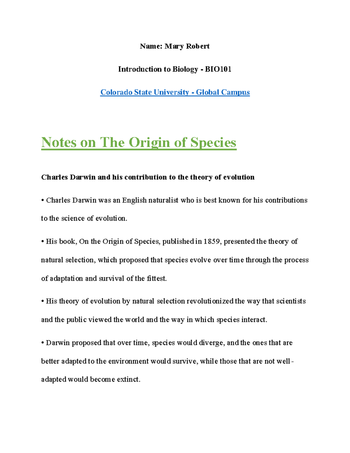 The Origin of Species - This note is made using lecture material and a ...