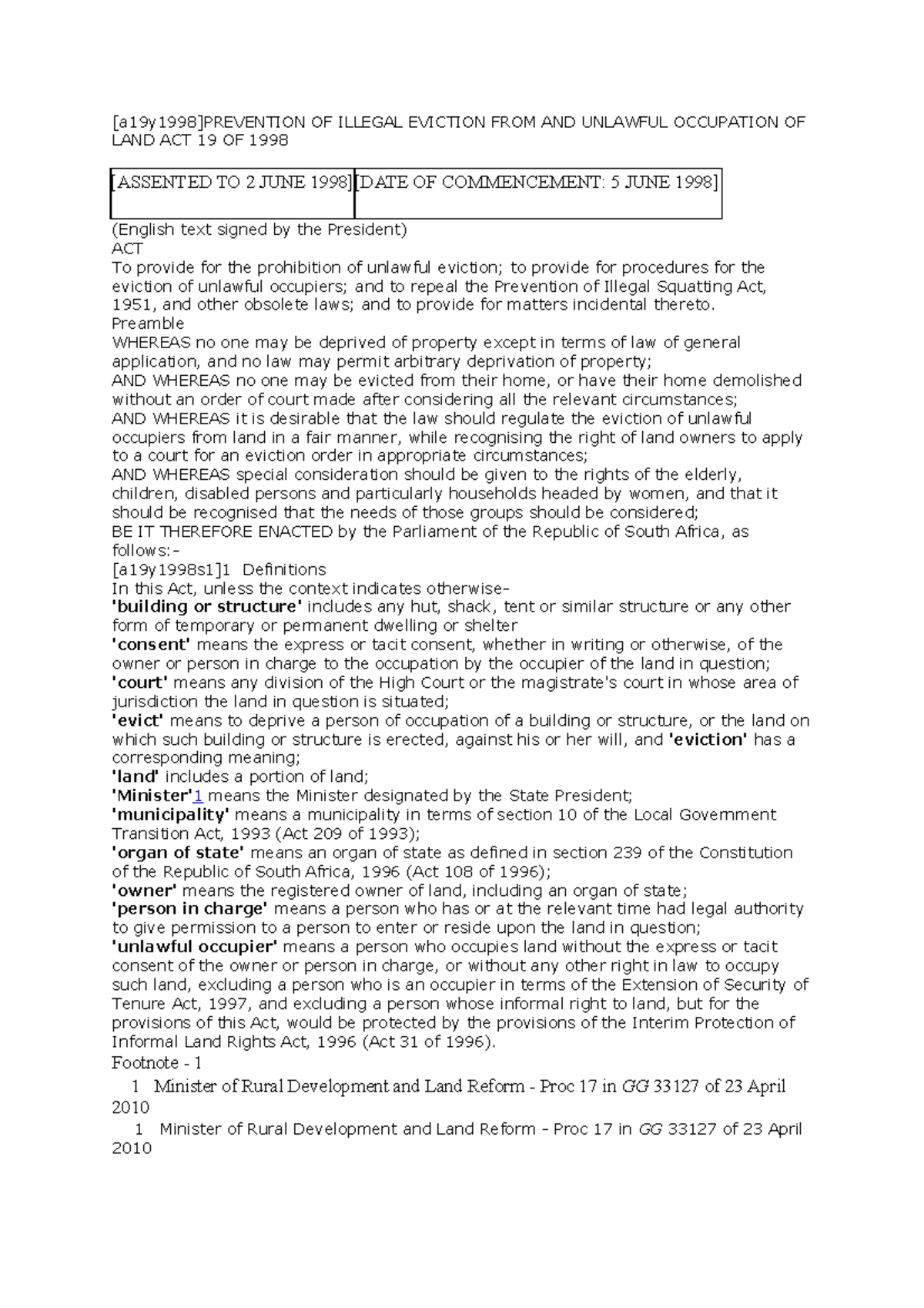 Act 19 of 1998 act on law matters [a19y1998]PREVENTION OF ILLEGAL
