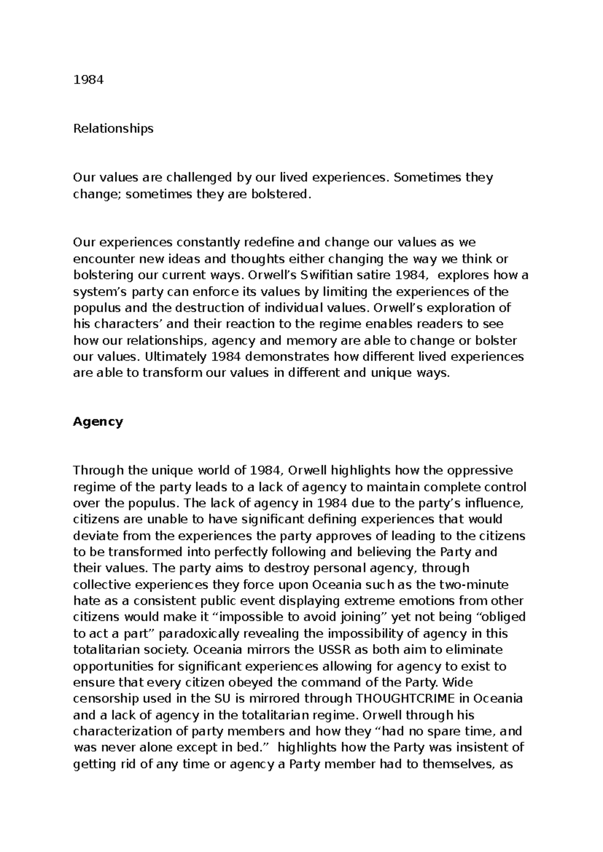 1984 essay - 1984 Relationships Our values are challenged by our lived ...