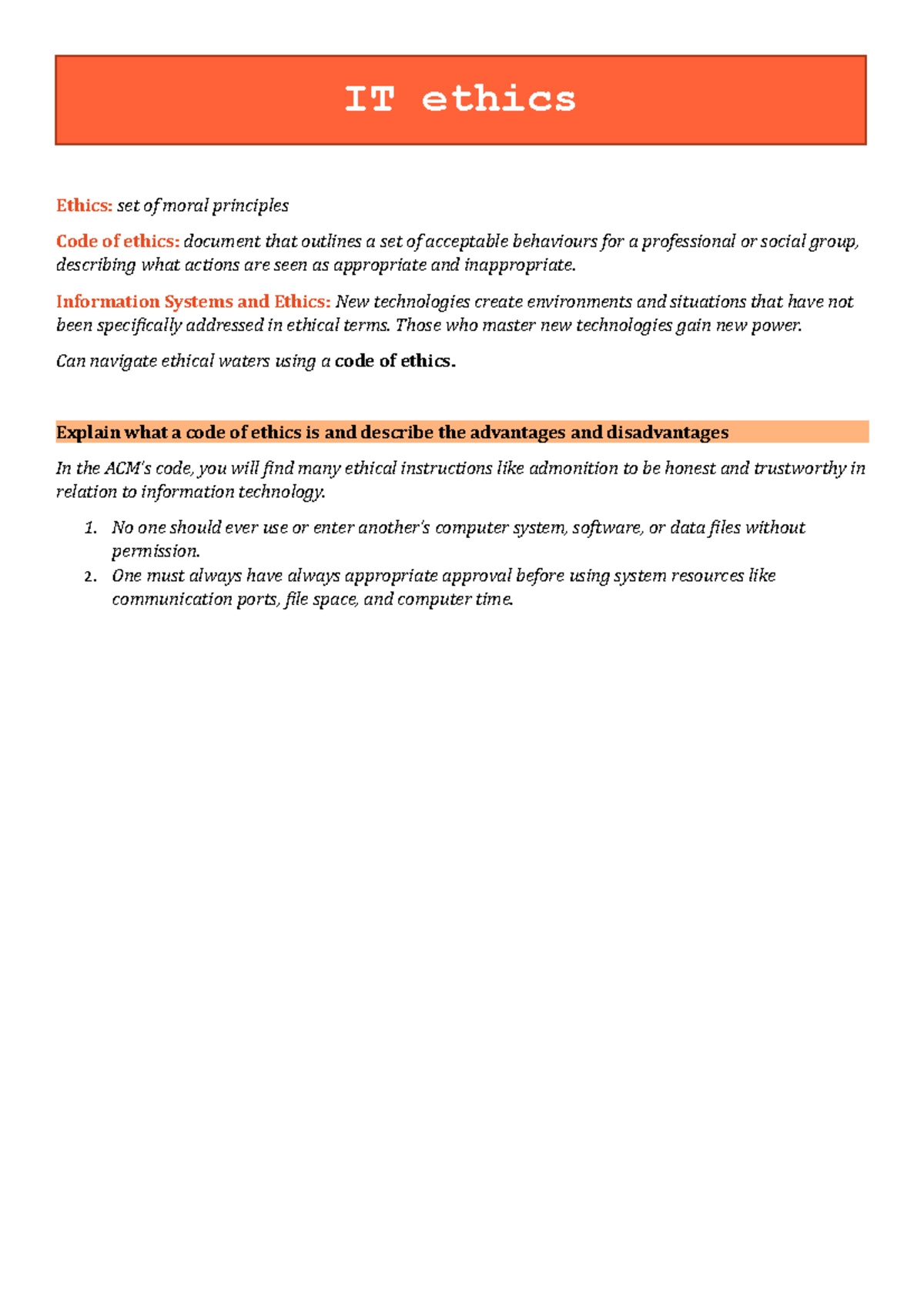 It Ethics Summary - Ethics: Set Of Moral Principles Code Of Ethics 