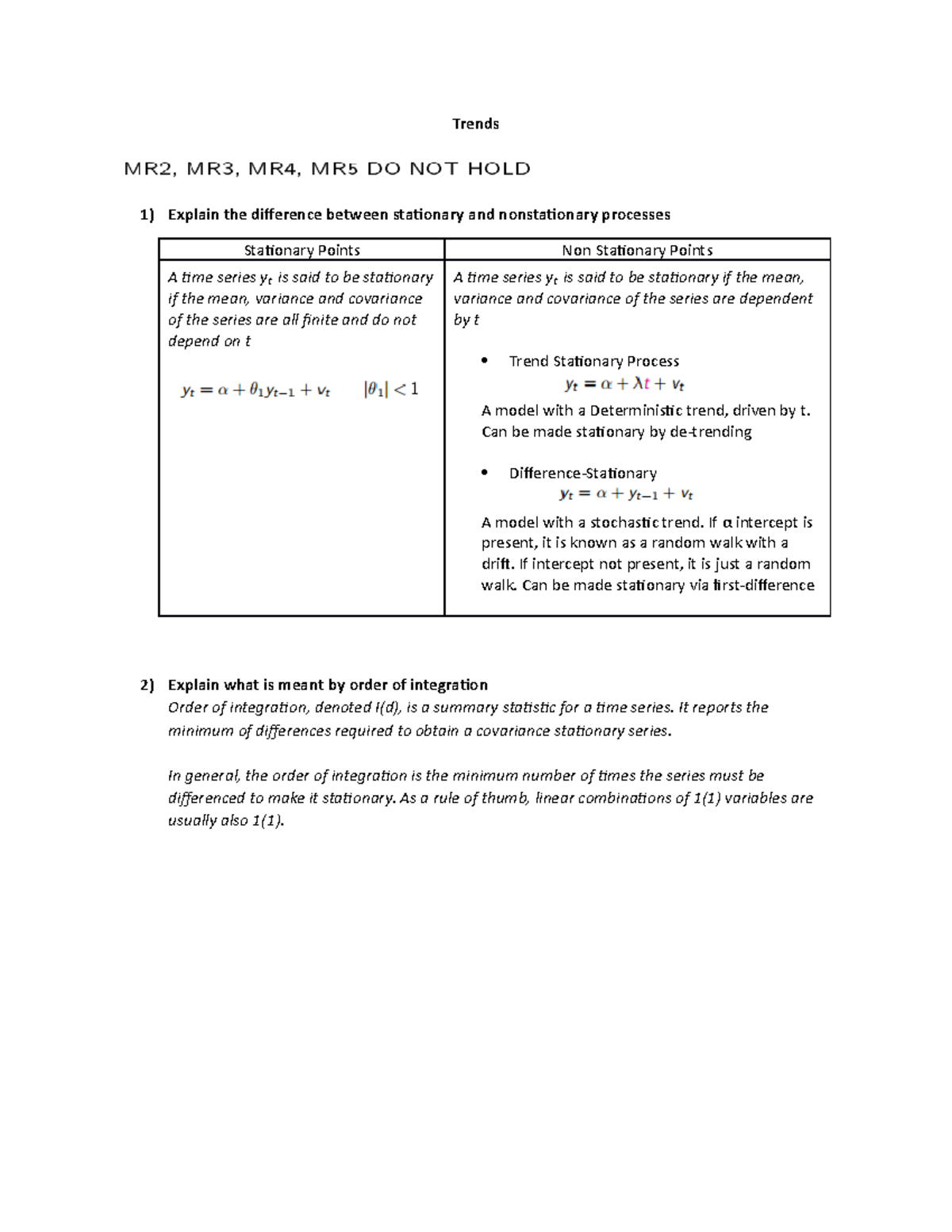 Difference between stationary and nonstationary processes order of integration cointegration
