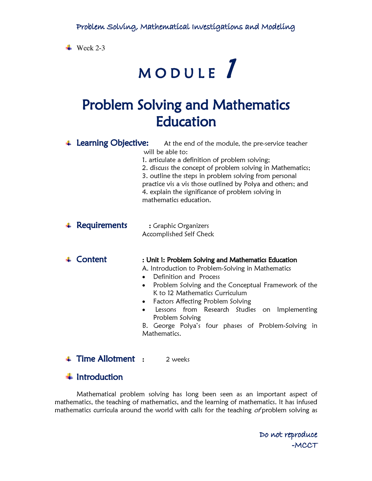 UNIT I. Problem Solving Ang Mathematics Education - Do Not Reproduce ...