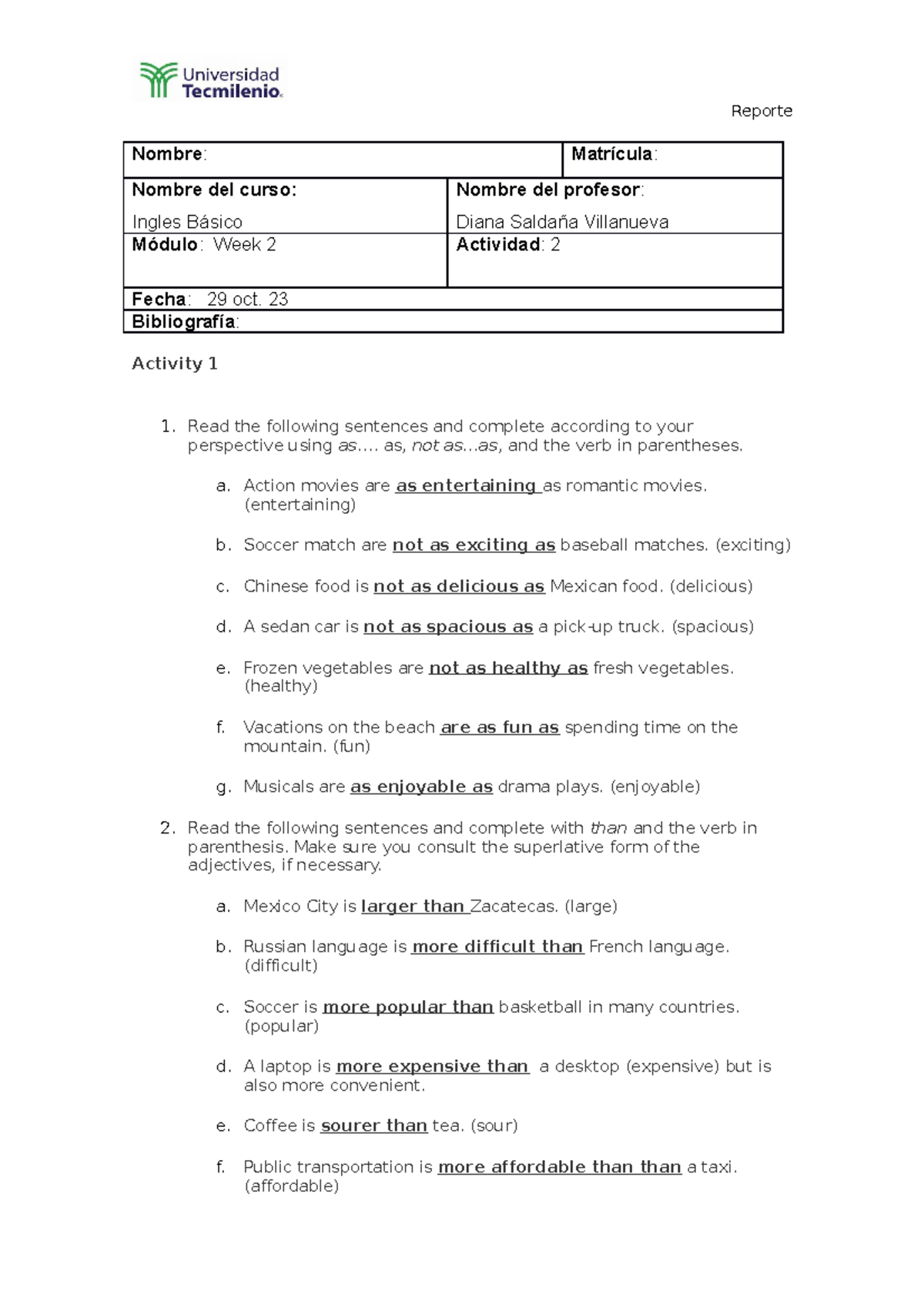 IB Omar Week 2 - homework - Nombre: Matrícula: Nombre del curso: Ingles ...