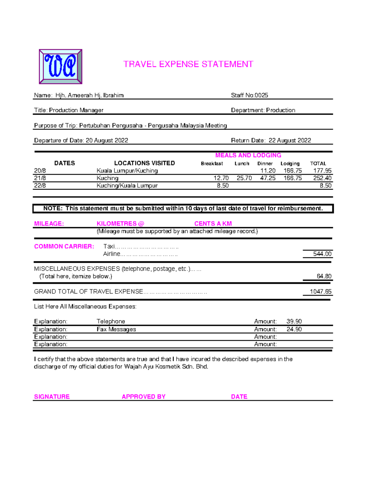 JOB 15 Travel - …….. - TRAVEL EXPENSE STATEMENT Staff No: Department ...