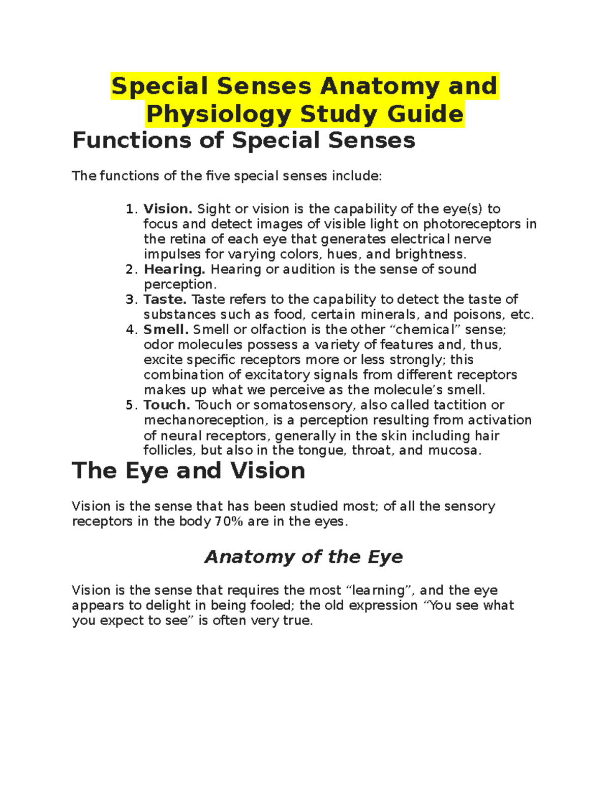 Special Senses Anatomy And Physiology Study Guide - Special Senses ...