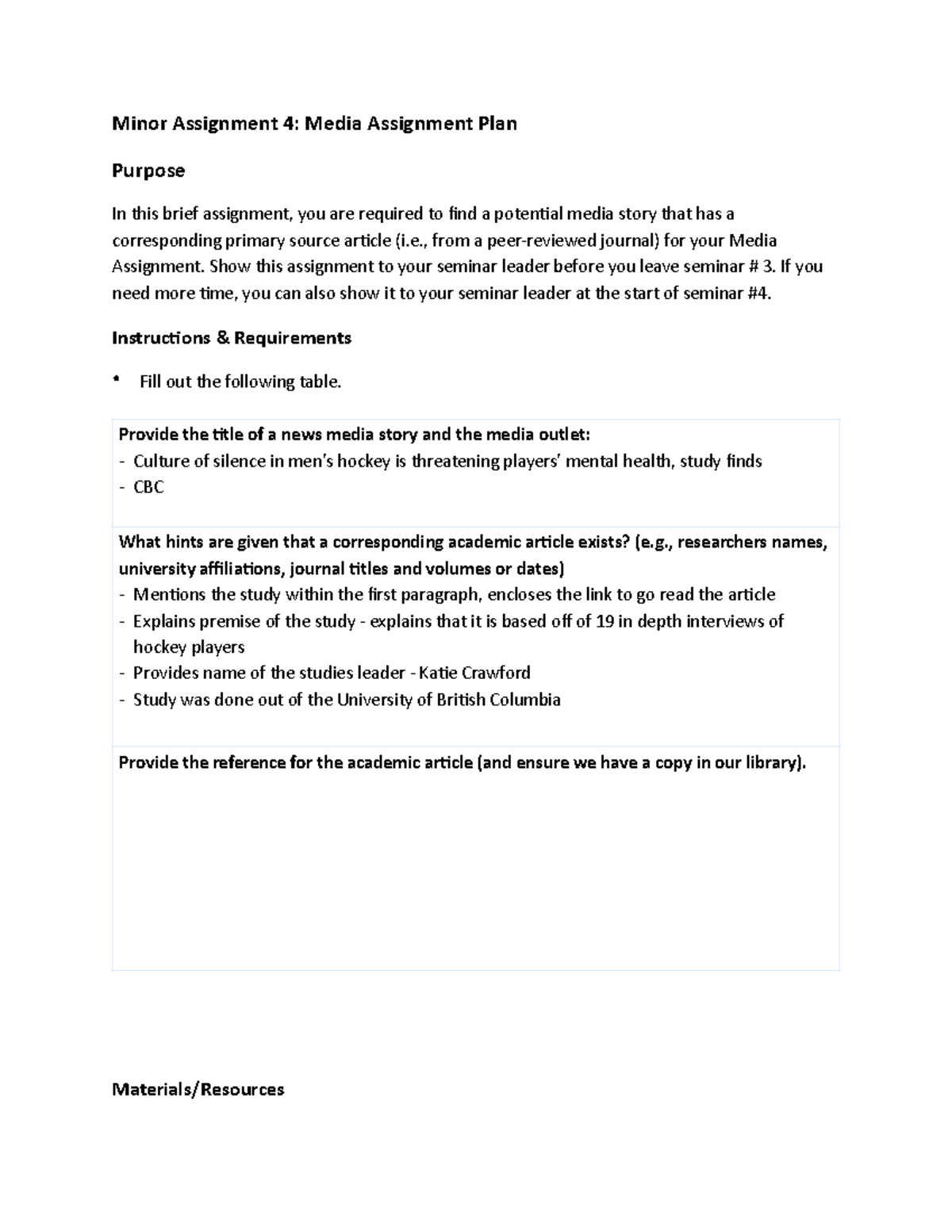 Minor #4 Media Assignment Plan - Minor Assignment 4: Media Assignment ...