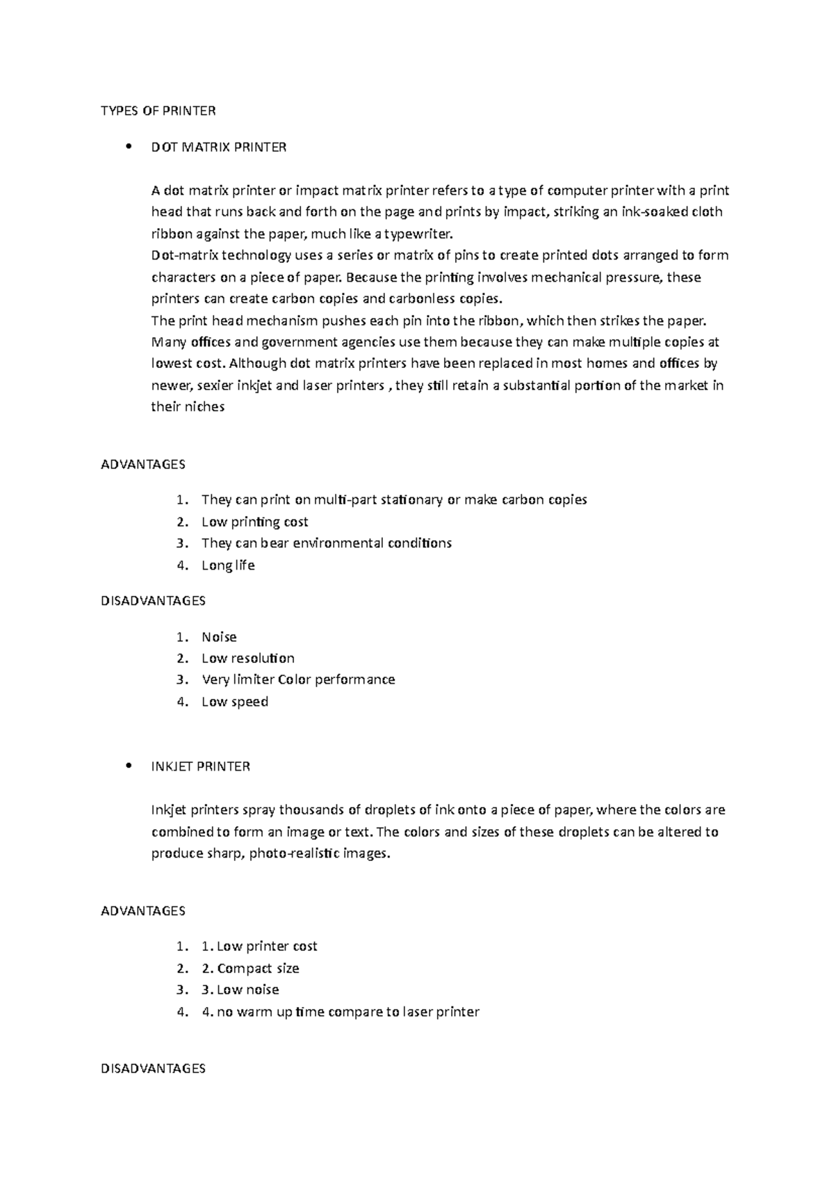 Types OF Printer 29 march - TYPES OF PRINTER DOT MATRIX PRINTER A dot ...