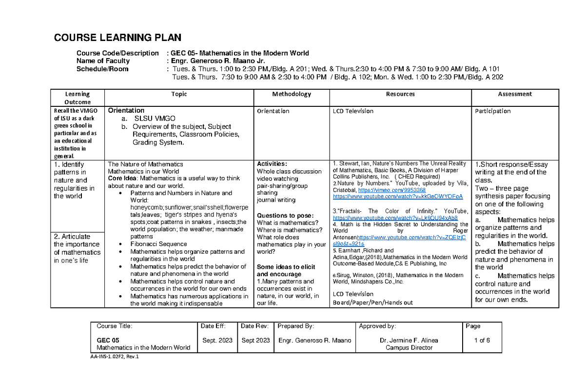 GEC05 Course Learning Learning Plan - COURSE LEARNING PLAN Course Code ...