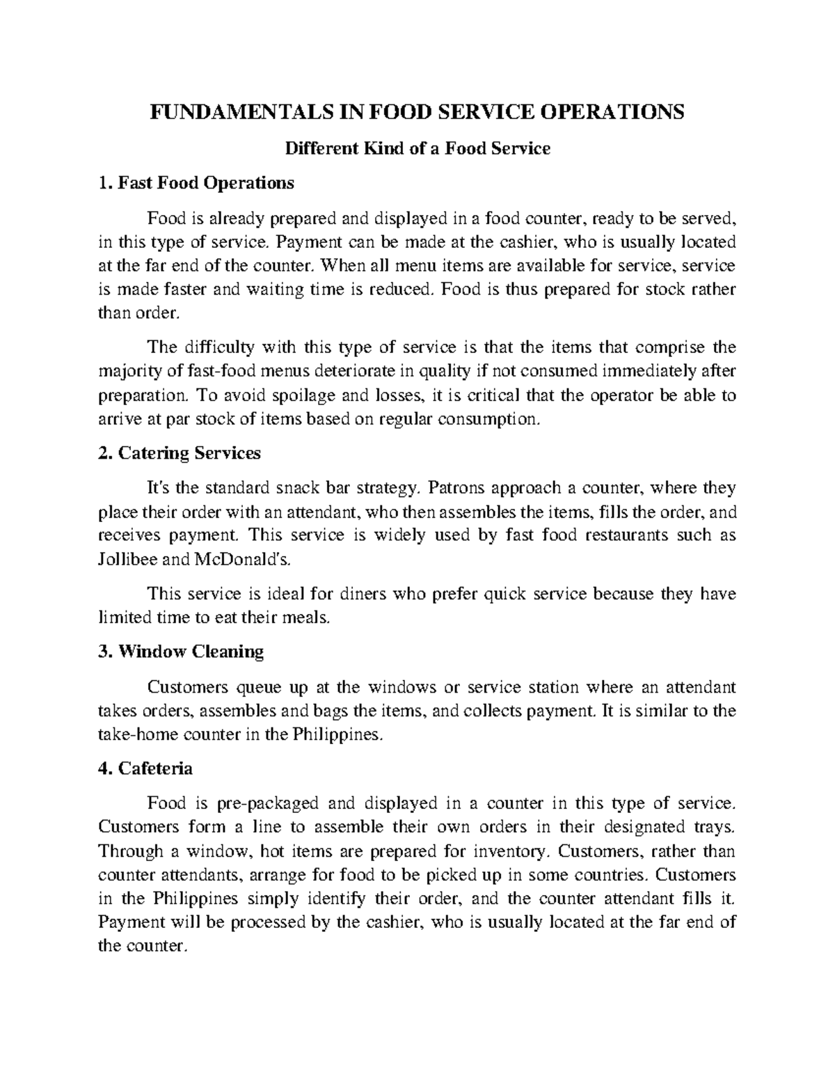 Fifso Other FOOD Services FUNDAMENTALS IN FOOD SERVICE OPERATIONS
