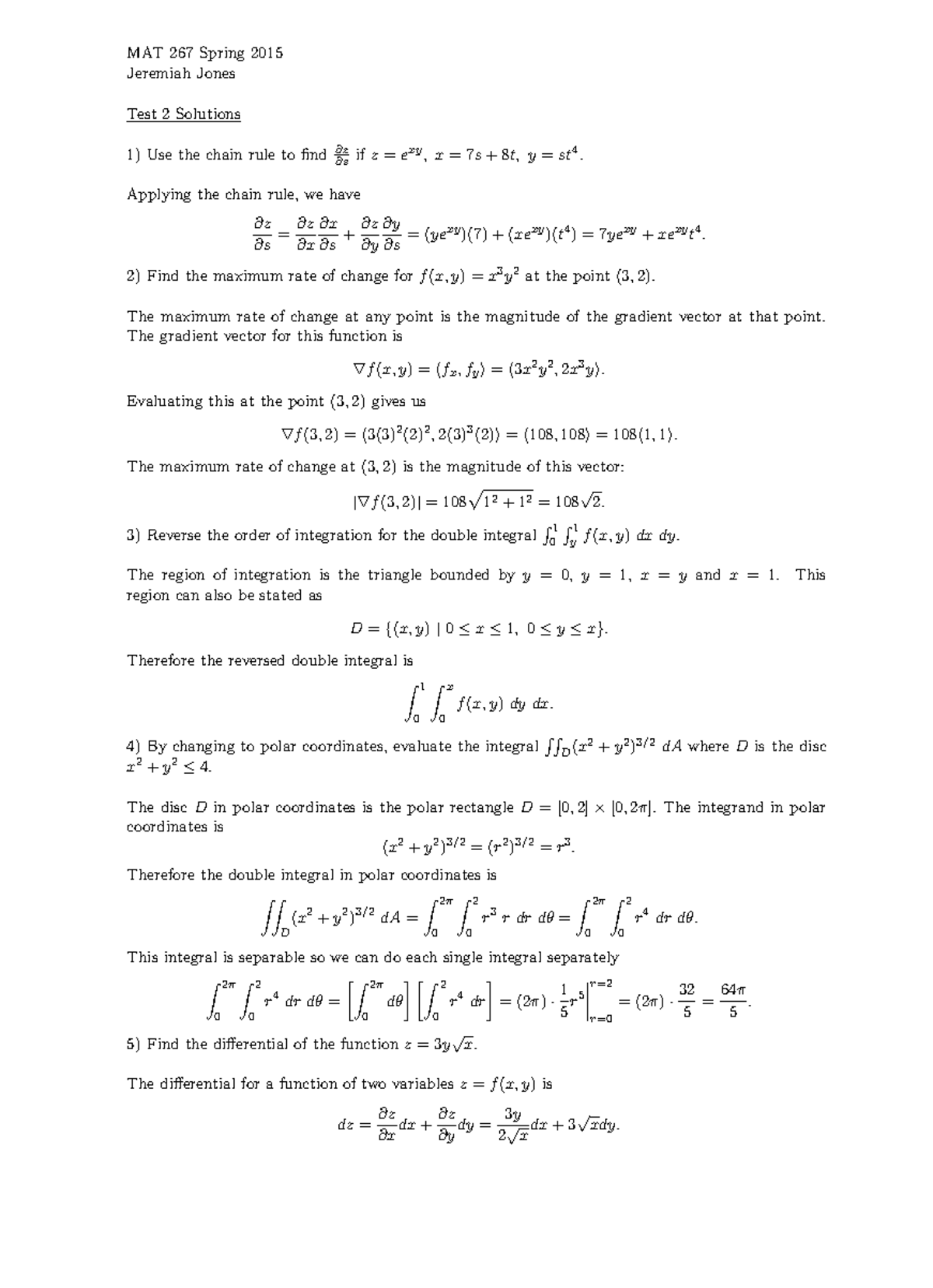 Mat 267-test2 Solutions 2 - MAT 267 Spring 2015 Jeremiah Jones Test 2 ...