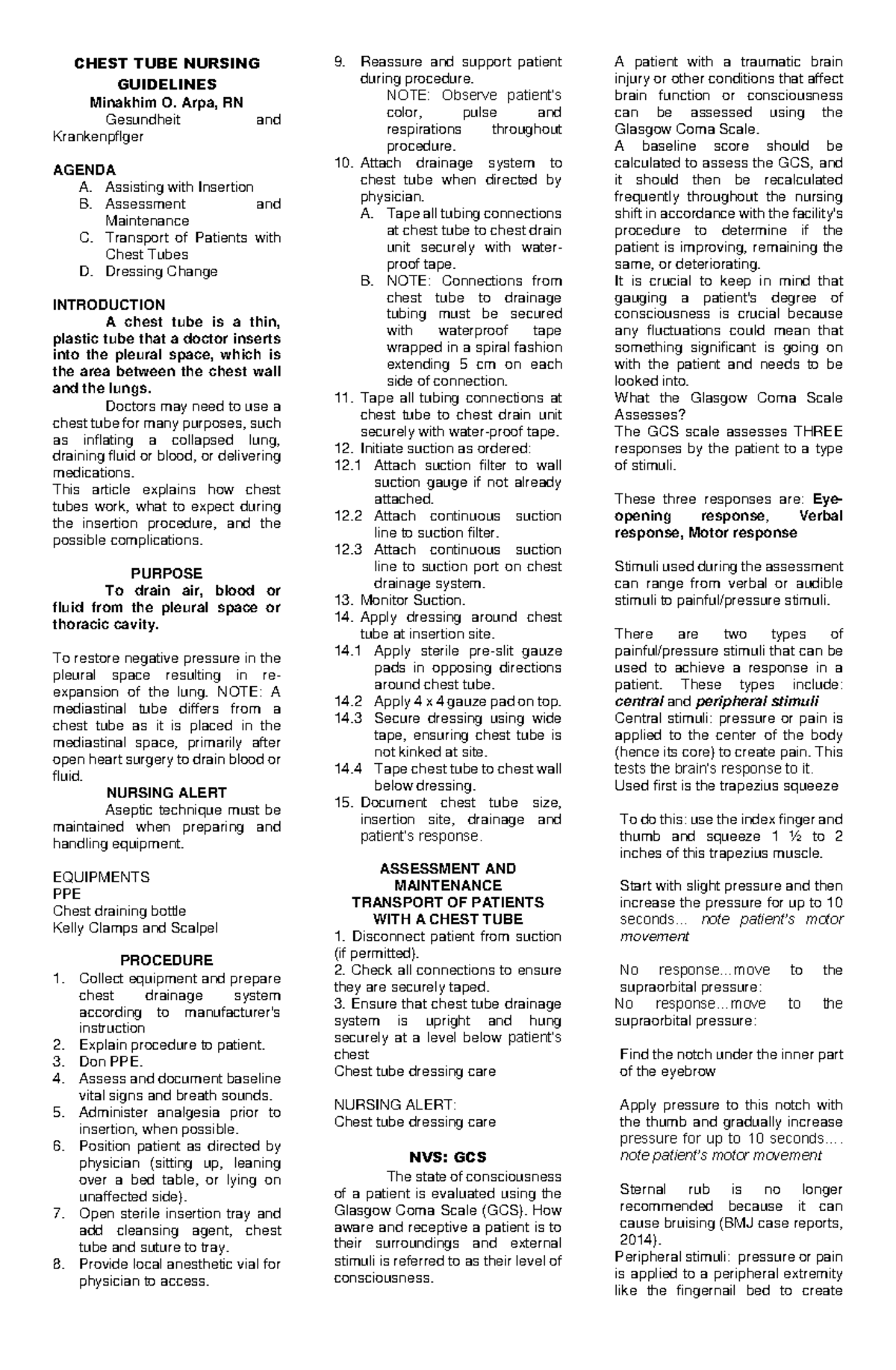 Chest TUBE Nursing Guidelines GCS - CHEST TUBE NURSING GUIDELINES ...