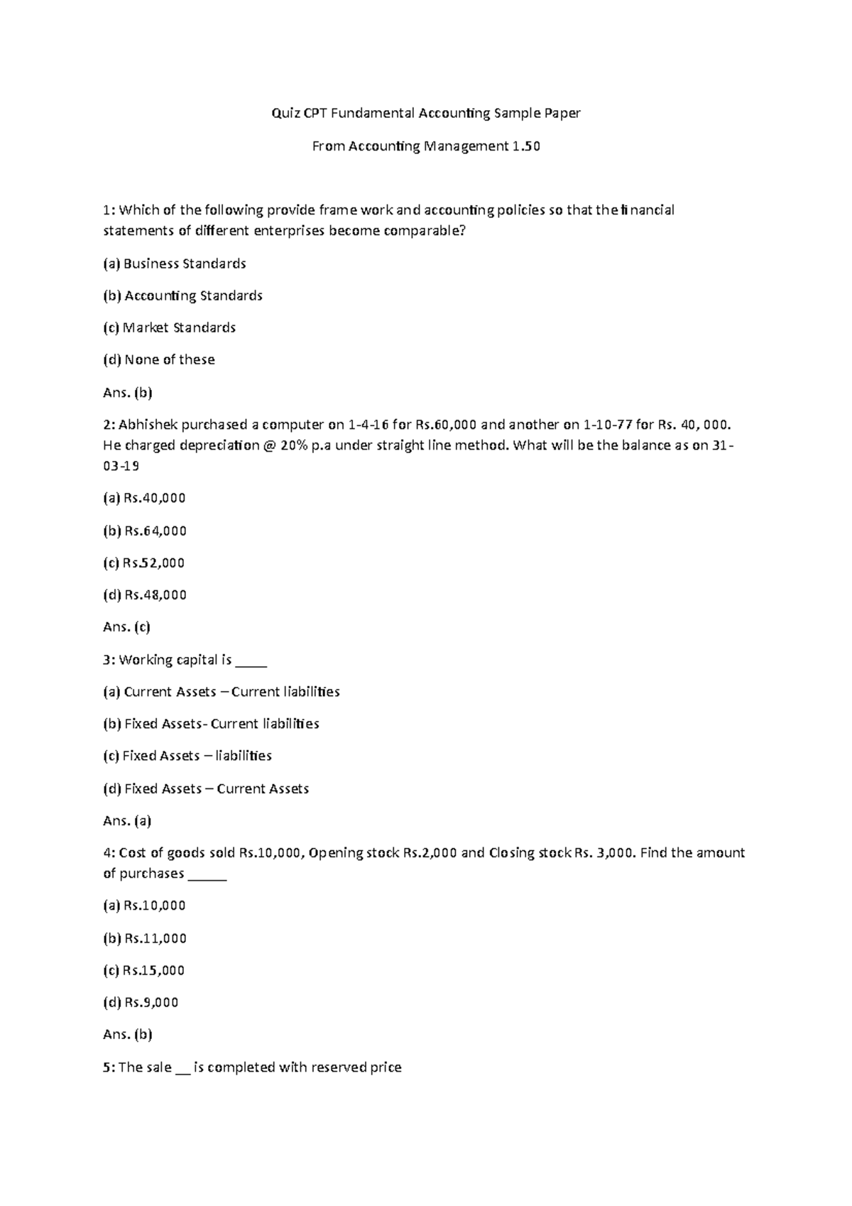 Quiz CPT Fundamental Accounting Sample Paper From Accounting Management