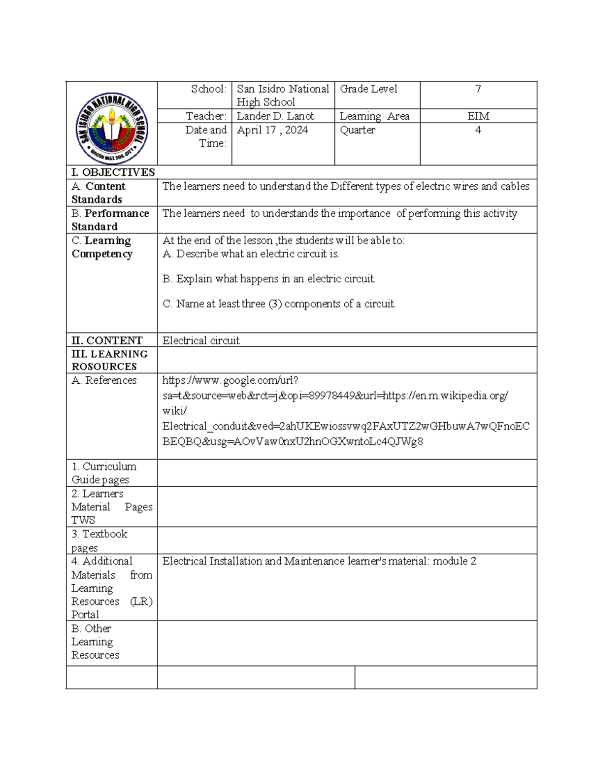 Circuit - About Practice teaching - School: San Isidro National High ...