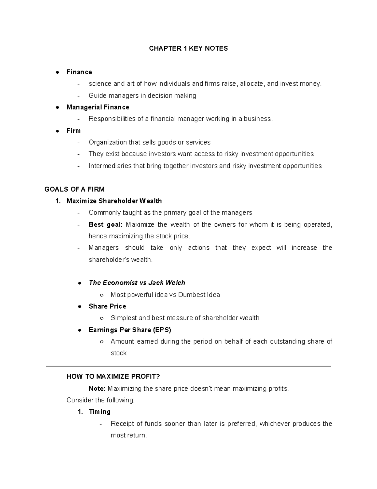 CH1 Fin12 Introduction To Managerial Finance - CHAPTER 1 KEY NOTES ...