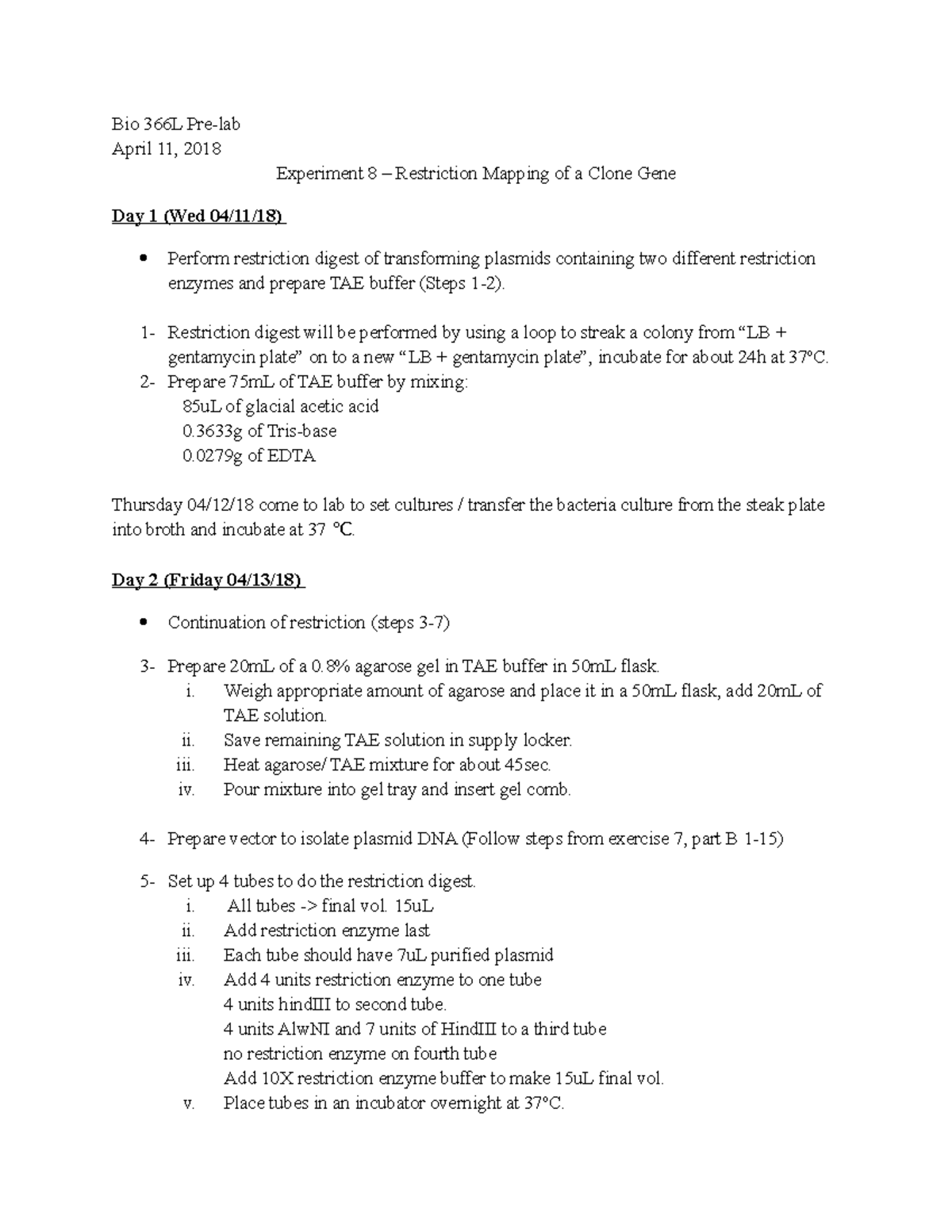 Pre lab report experiment 8 Bio 366L Prelab April 11, 2018