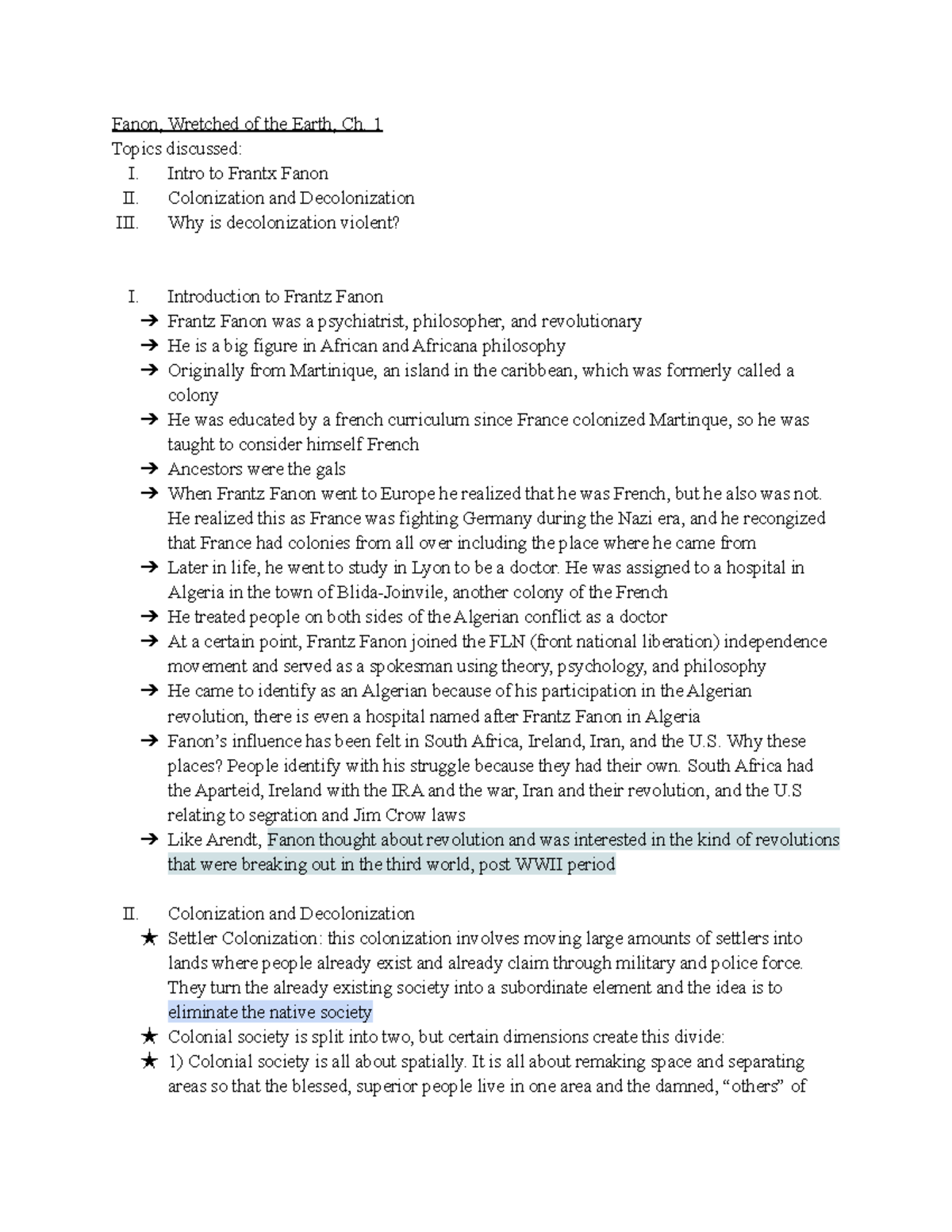 Fanon Chapter 1 Part 1 Revised Notes For Paper - Fanon, Wretched of the ...