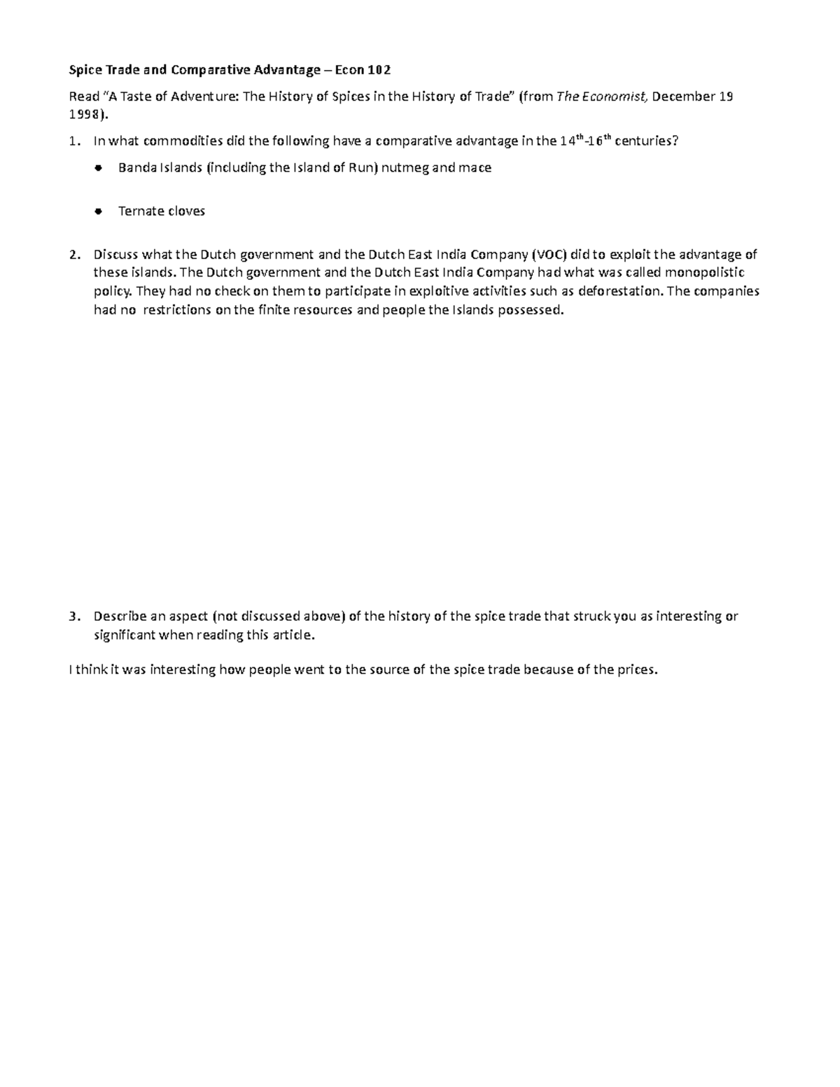 Spice trade and comp adv Spice Trade and Comparative Advantage Econ