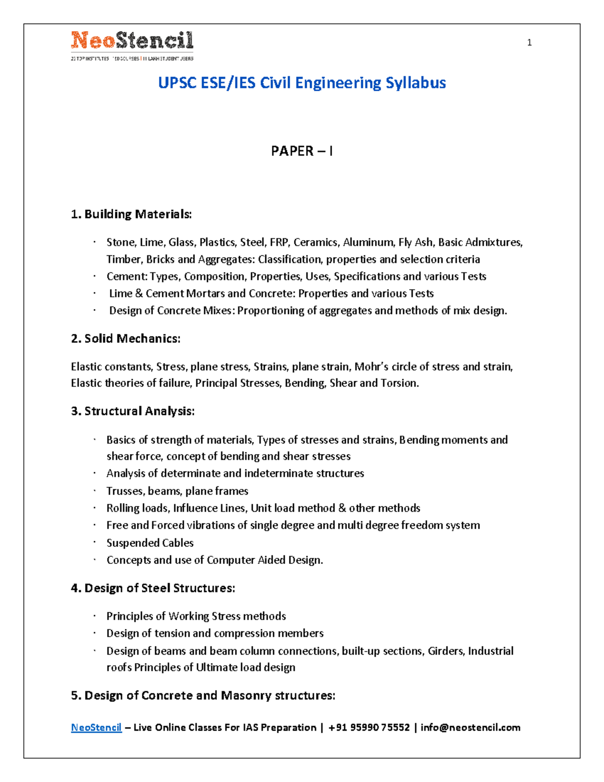 IESCivilSyllabus UPSC ESE/IES Civil Engineering Syllabus PAPER I