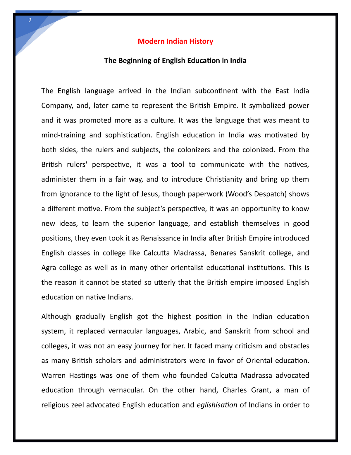 english education in india essay