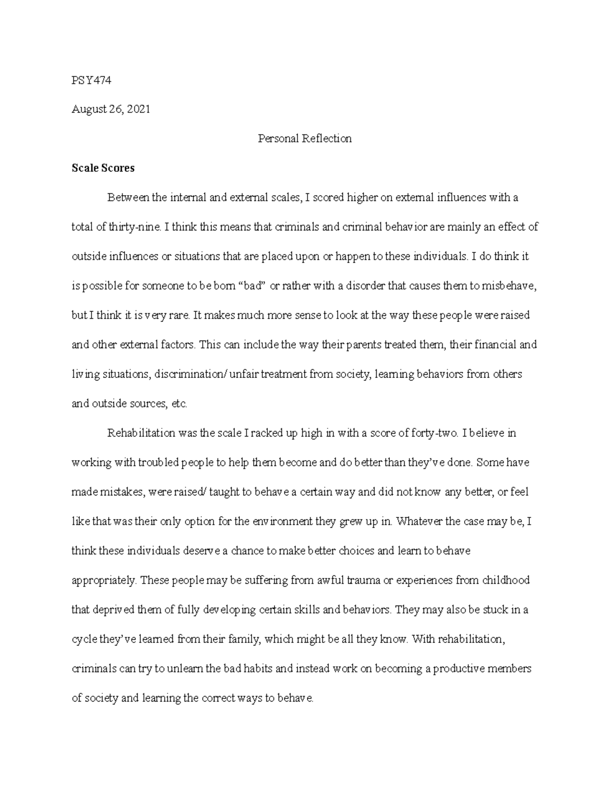 PSY474 Personal Reflection - PSY August 26, 2021 Personal Reflection ...