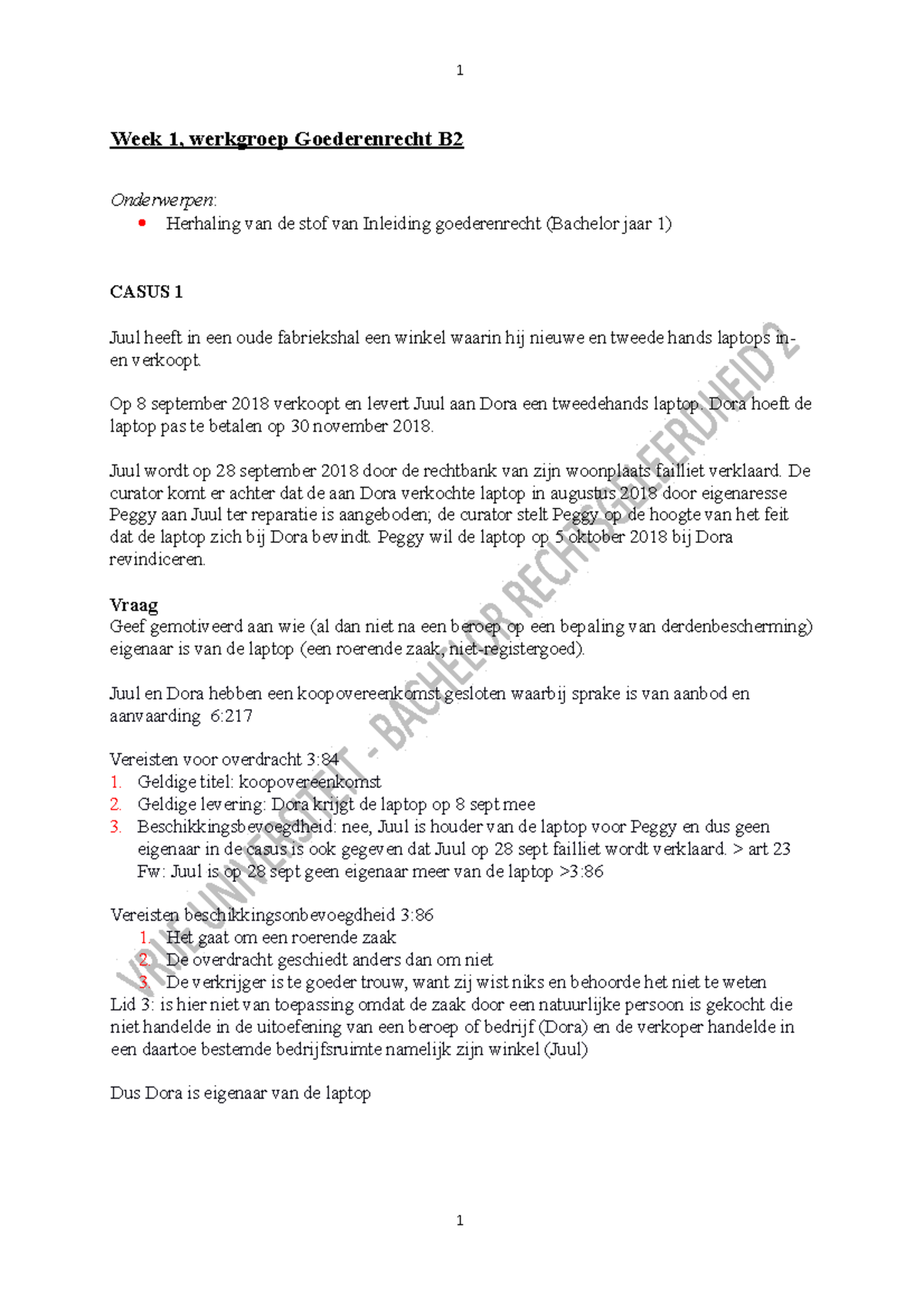 Week 1 Goederenrecht B2 - 1 Week 1, Werkgroep Goederenrecht B2 ...