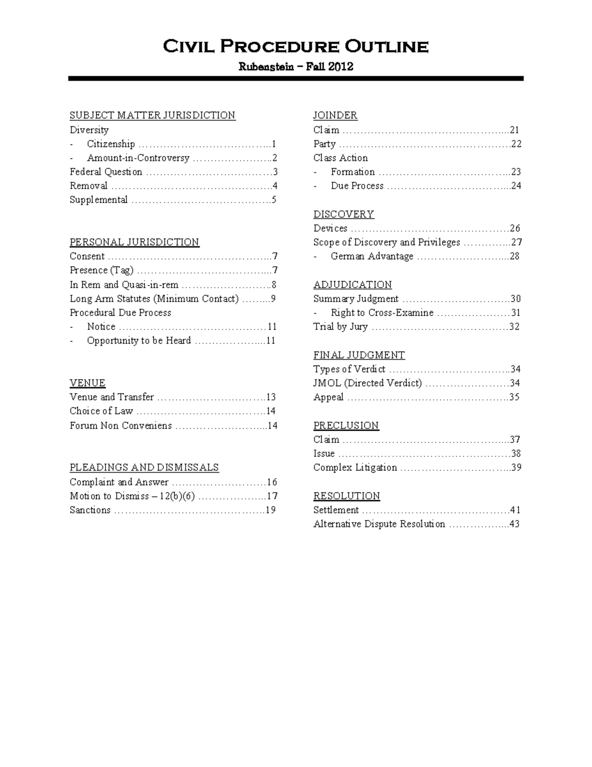 Civil Procedure Outline Fall 2012 Rubenstein - Civil Procedure Outline ...