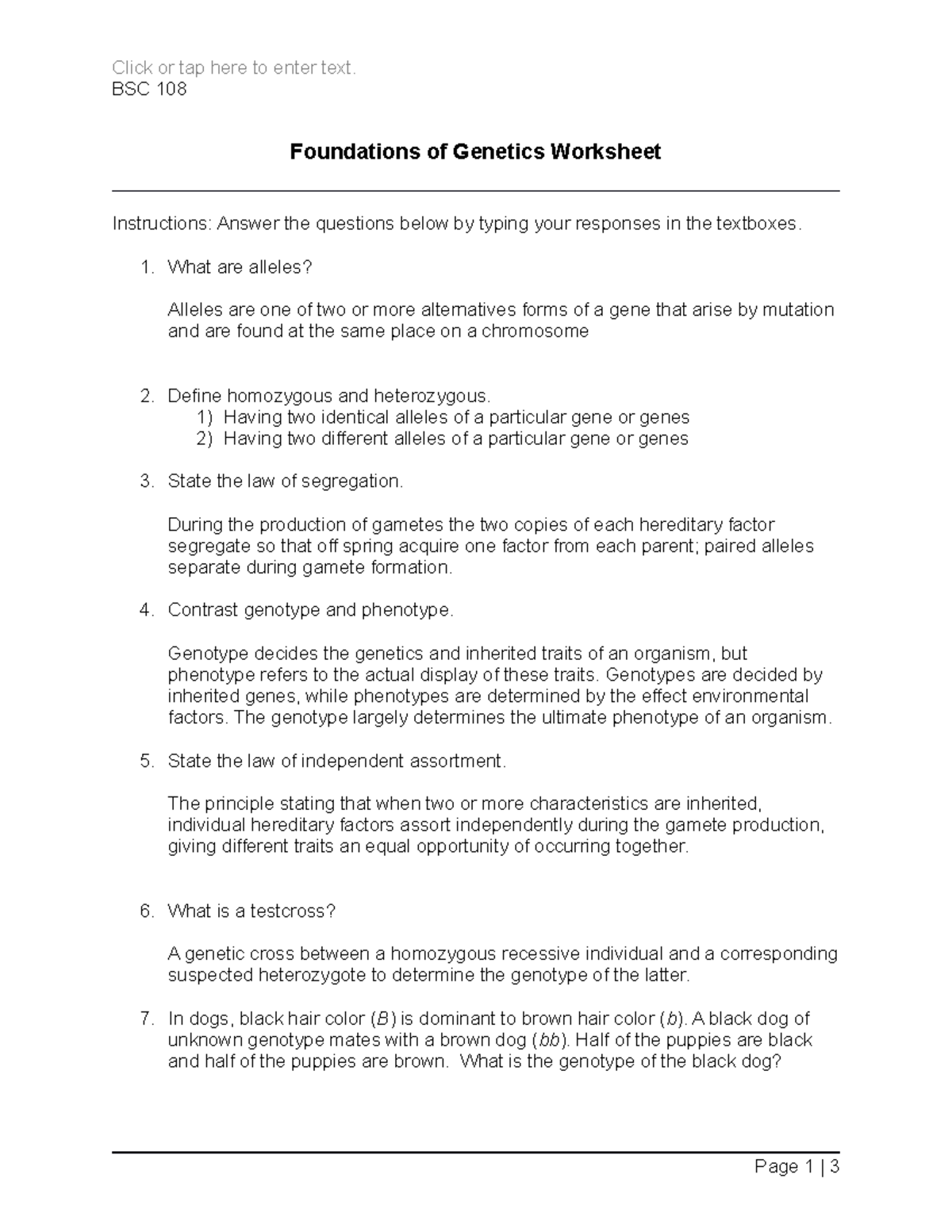 BSC 108 Foundations of Genetics Worksheet - Click or tap here to enter ...