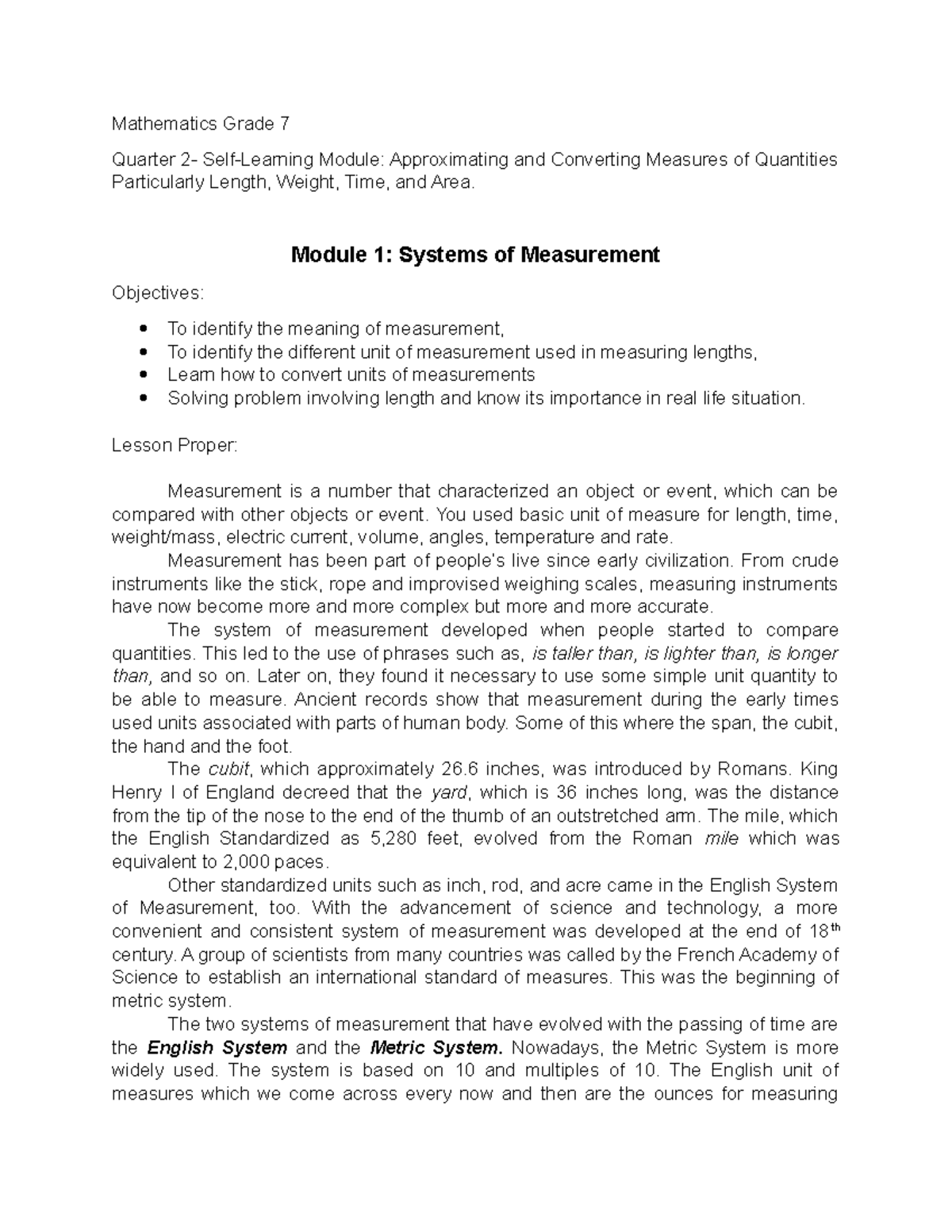 Module 1 Systemof Measurement grade 7 - Mathematics Grade 7 Quarter 2 ...