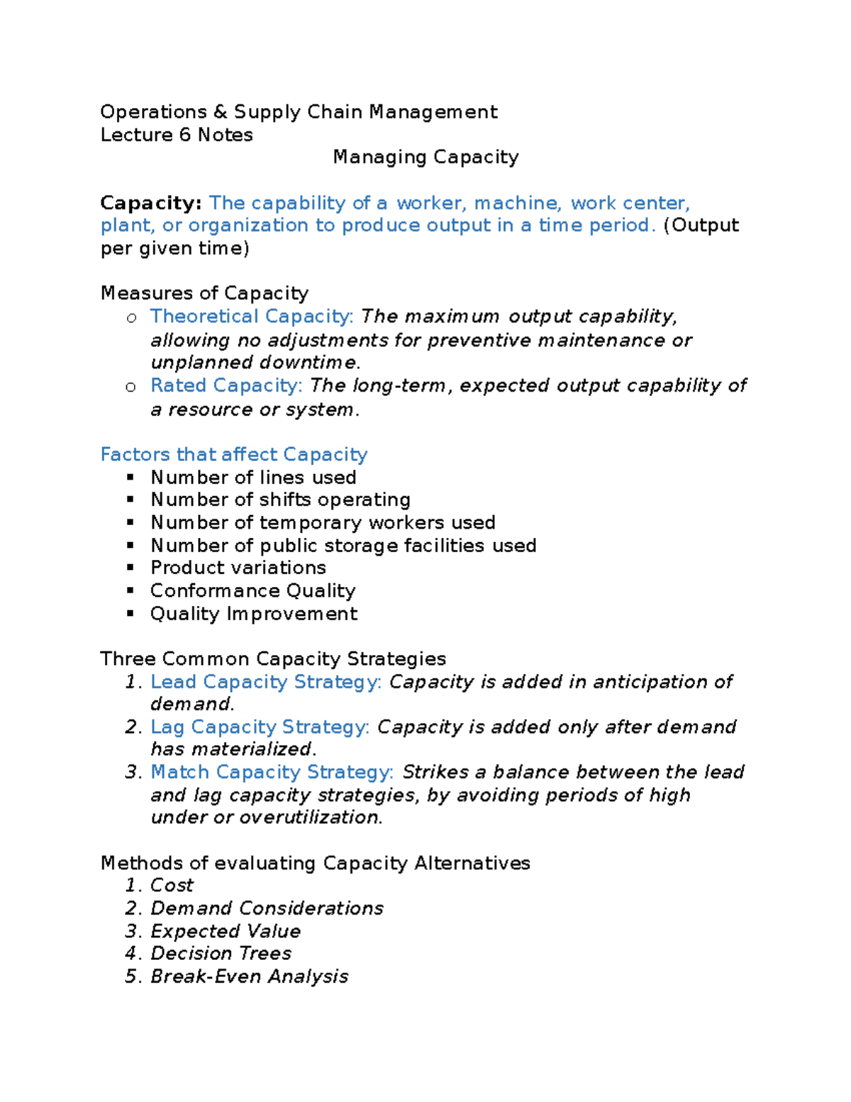 OMGT Lecture 6 Notes Operations & Supply Chain Management Lecture 6