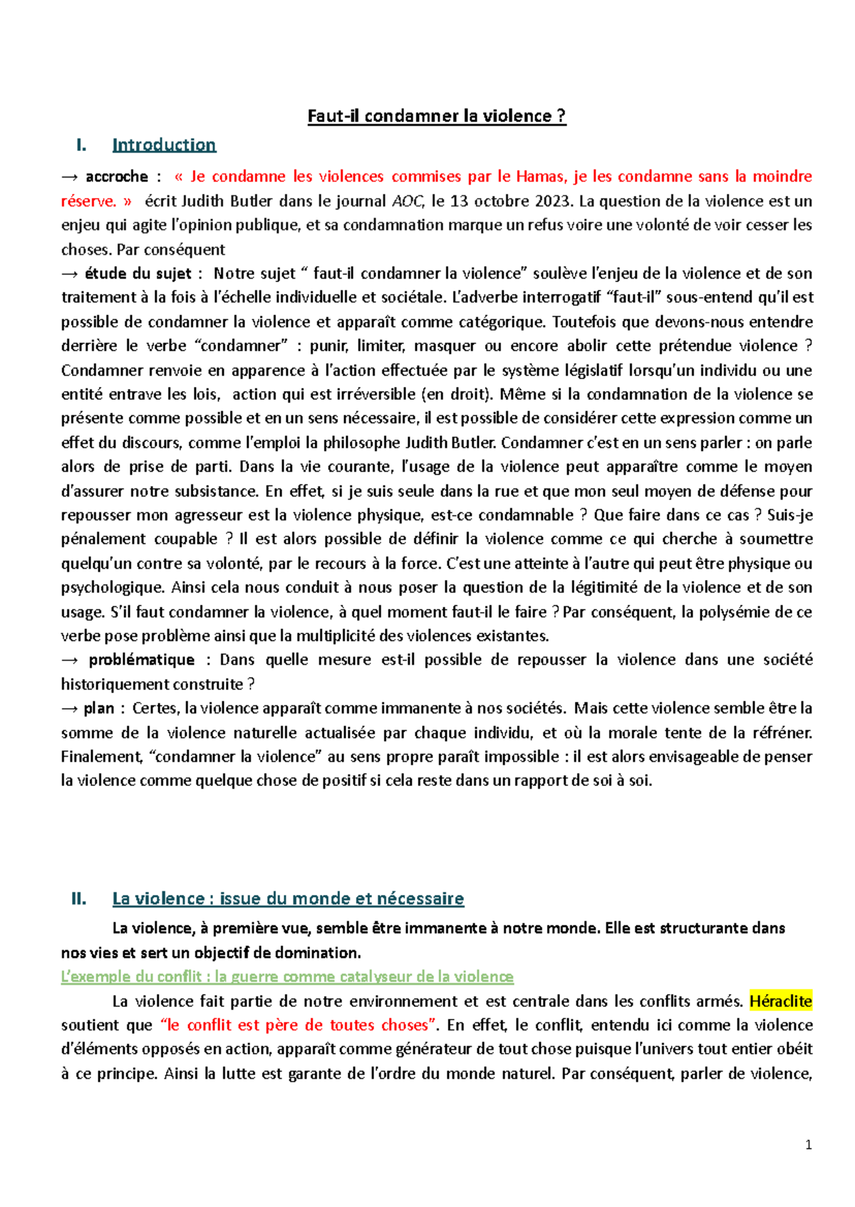 Faut-il condamner la violence - Introduction → accroche : « Je condamne ...