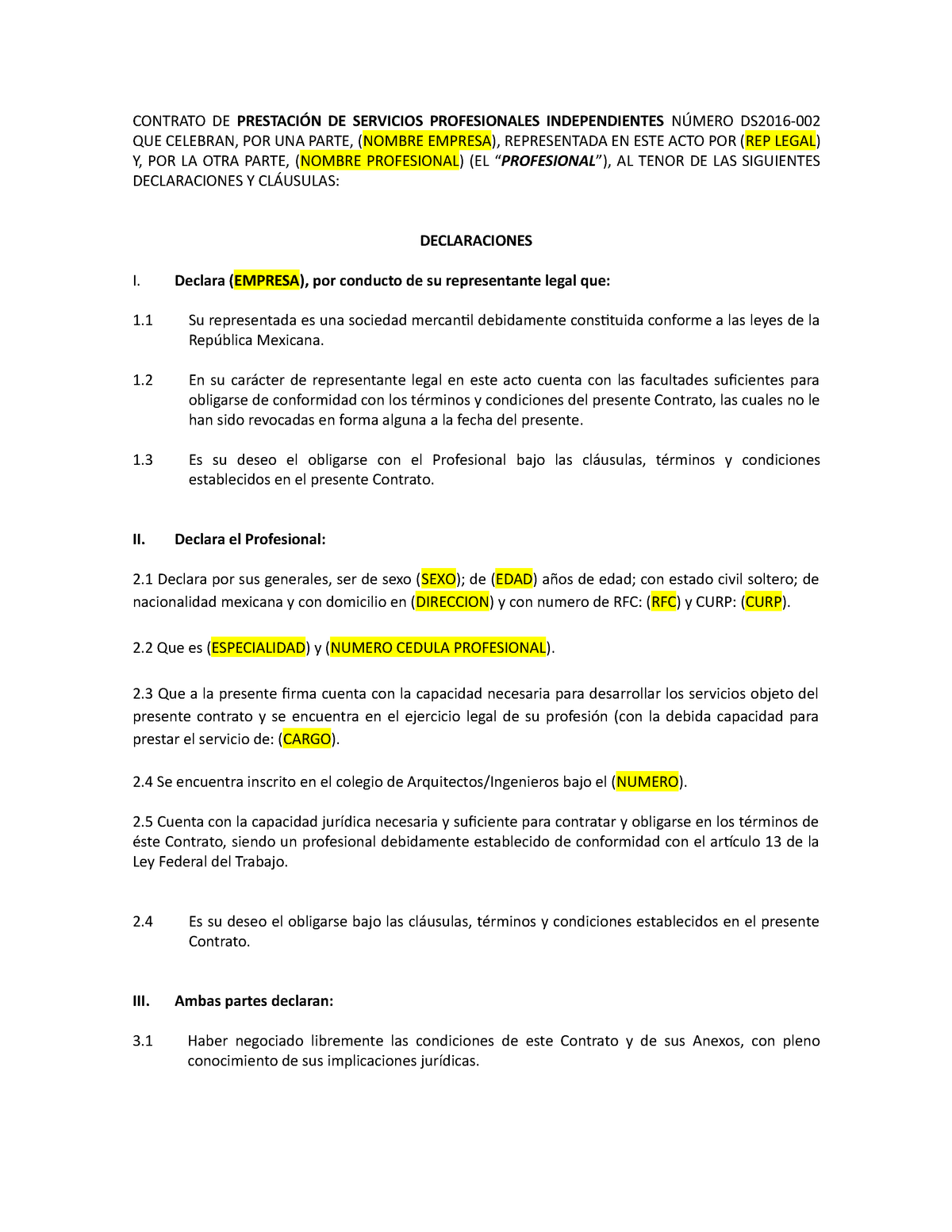 Contrato Servicios Profesionales - CONTRATO DE PRESTACIÓN DE SERVICIOS ...