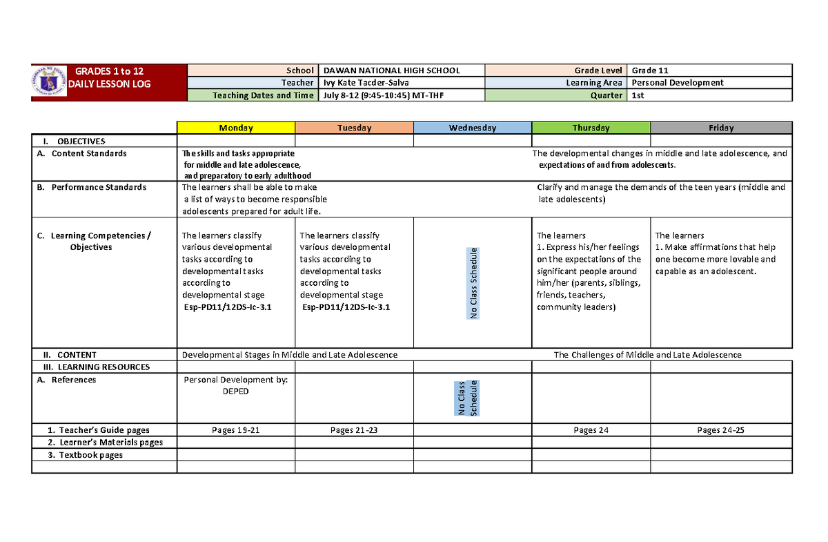 Pdfcoffee - PER DEV - GRADES 1 to 12 DAILY LESSON LOG School DAWAN ...